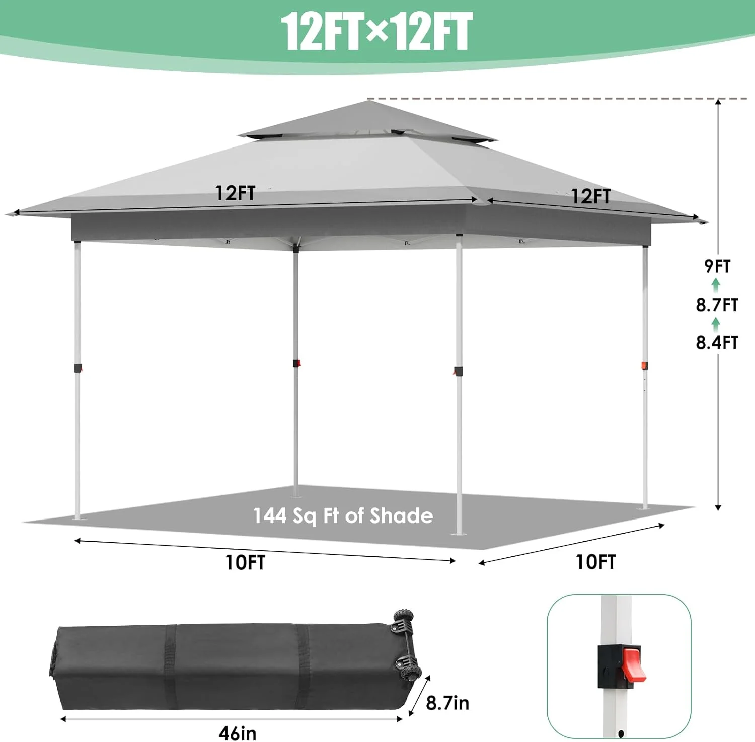 Pirecart 12' x 12' Pop-up Canopy Tent Waterproof Outdoor Gazebo Shelter with Wheeled Bag, Instand Canopy , White - Image 22