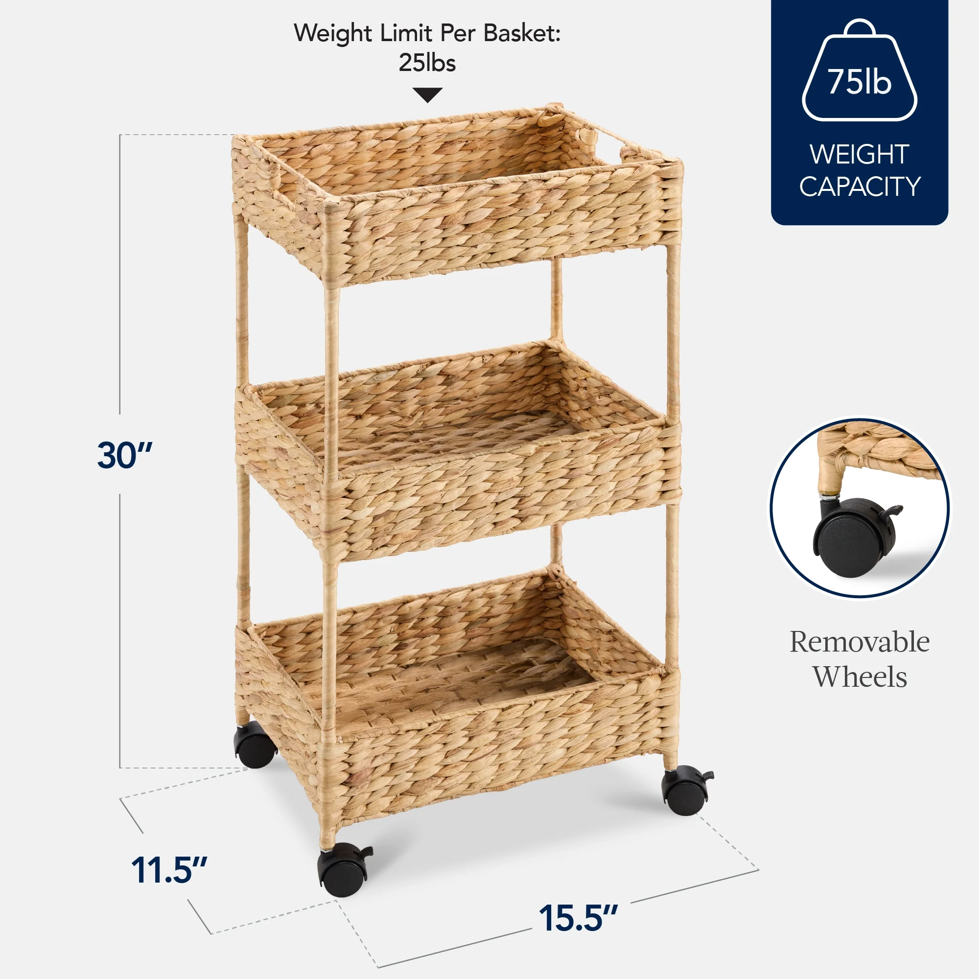 Best Choice Products 3-Tier Water Hyacinth Rolling Nursery Caddy w/ Wheels, Utility Cart, Storage Organization - Natural - Image 2