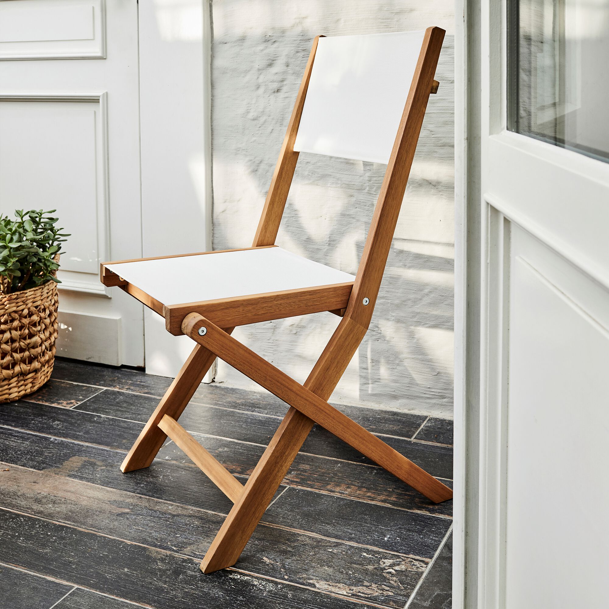 LAVISA - Chaise de jardin pliante en acacia huilé et tissu - blanc
