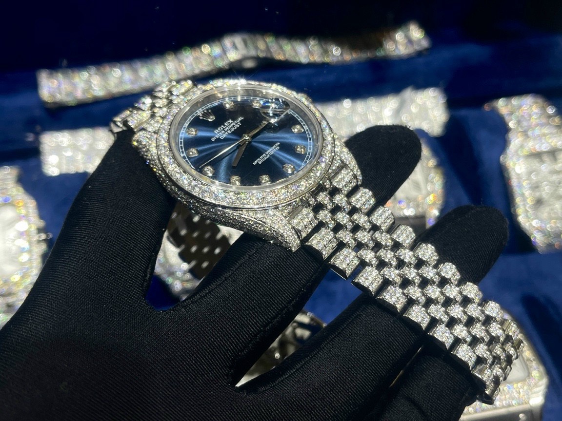 Rolex Best Replica Watch DateJust Dial Blue Custom Full Diamonds Moissanite 41mm - Elite Watch Atelier