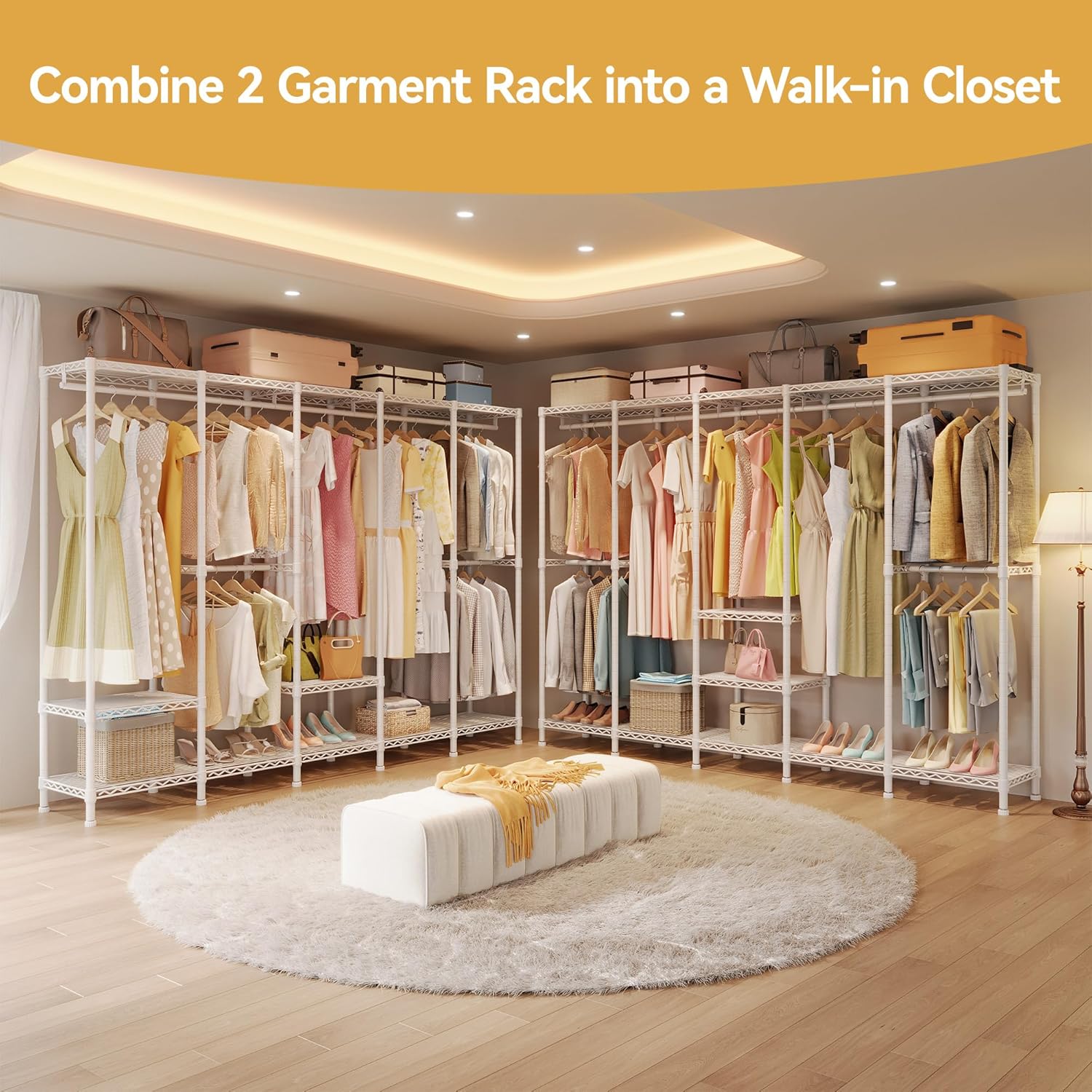 H5 Extra Large Heavy Duty Clothes Rack, Wire Garment Rack, Freestanding Clothing Rack for Hanging Clothes, Wardrobe Closet with Adjustable Shelf, 93.3