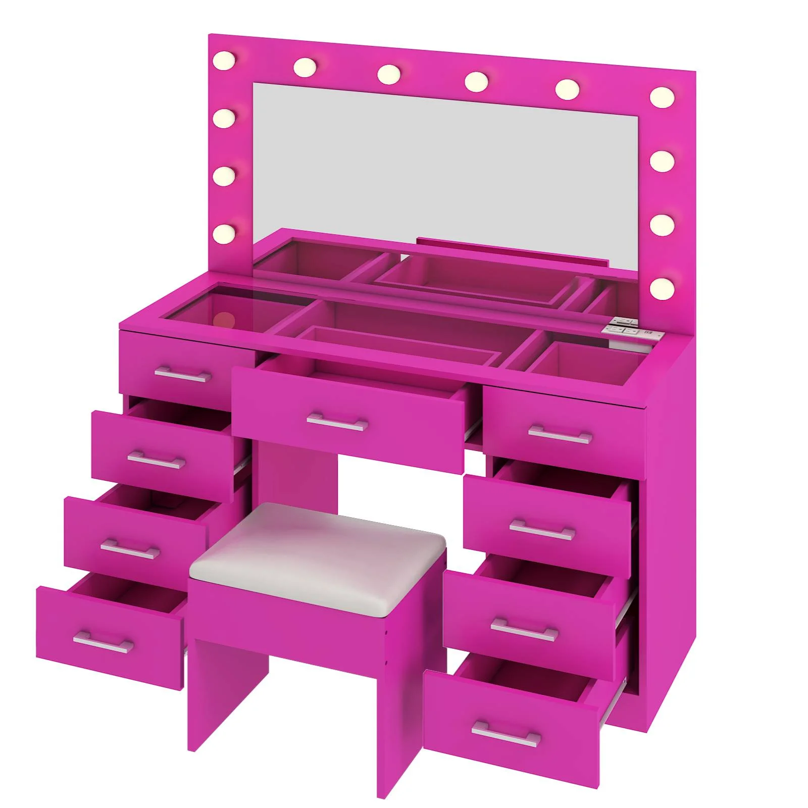 Ktaxon Large Makeup Vanity, Vanity Table Set w/ Visible Glass Top w/ Charging Station, White - Image 23