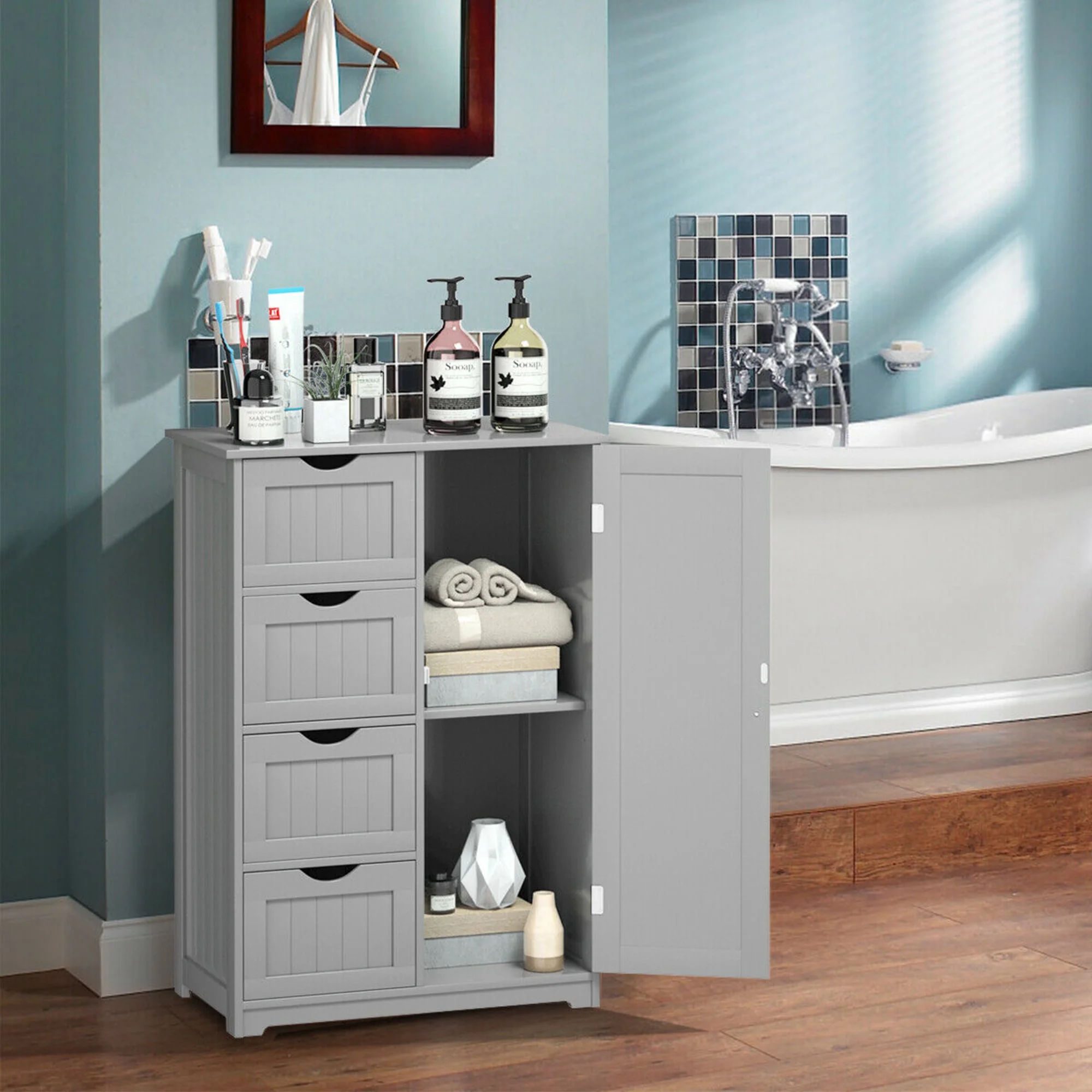 Gymax Bathroom Floor Cabinet Storage Organizer Cupboard w/ 4 Drawers Adjustable Shelf Grey