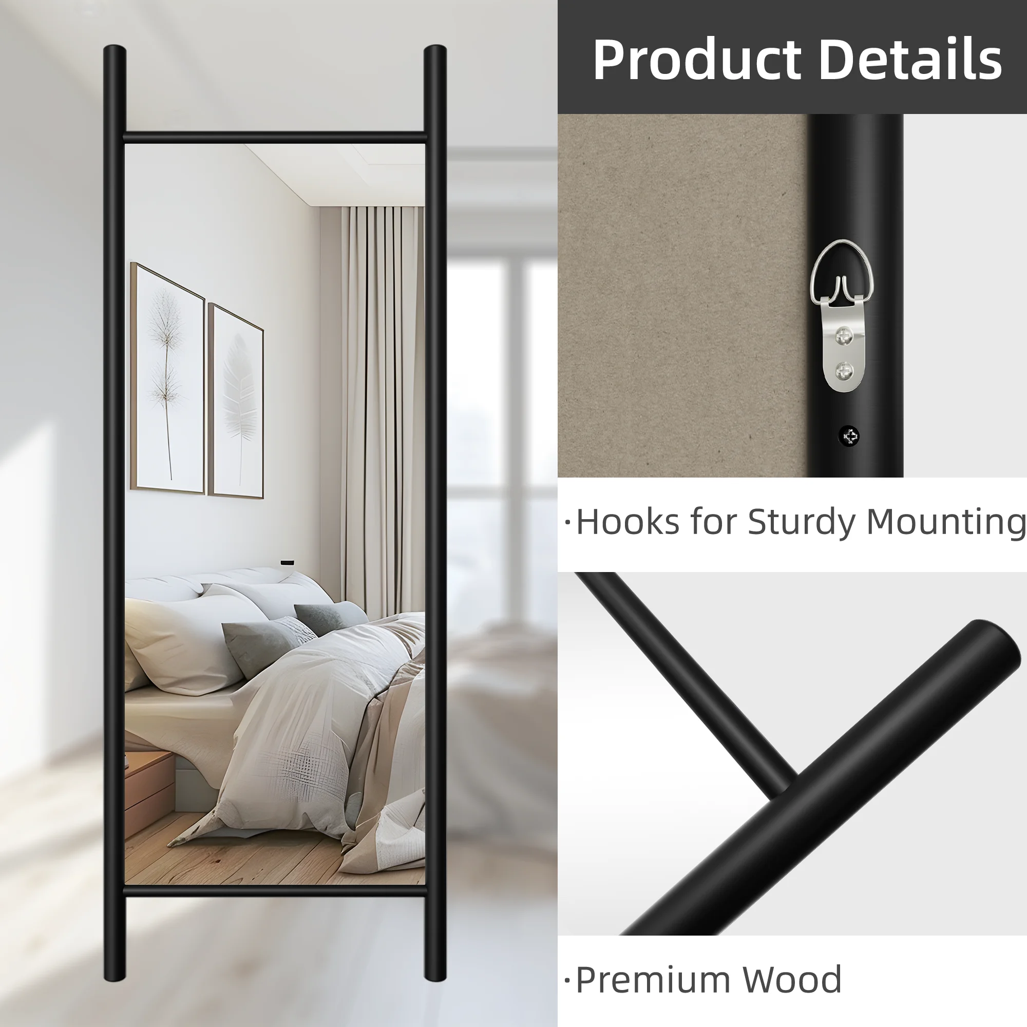 63"x24" Wood Full Length Mirror Ladder Rectangle Floor Mirror, Black - Image 3