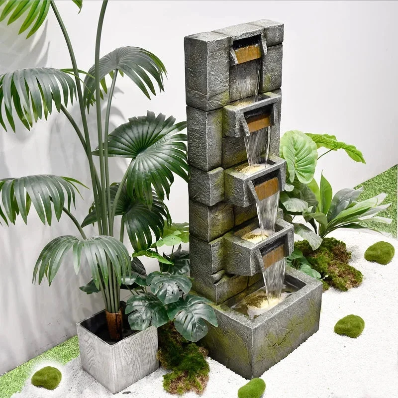 5-Tier Modern Cascading Indoor/Outdoor Fountain With LED Lights - Resin and Fiberglass - Image 2 5-Tier Modern Cascading Indoor/Outdoor Fountain With LED Lights - Resin and Fiberglass - Image 2