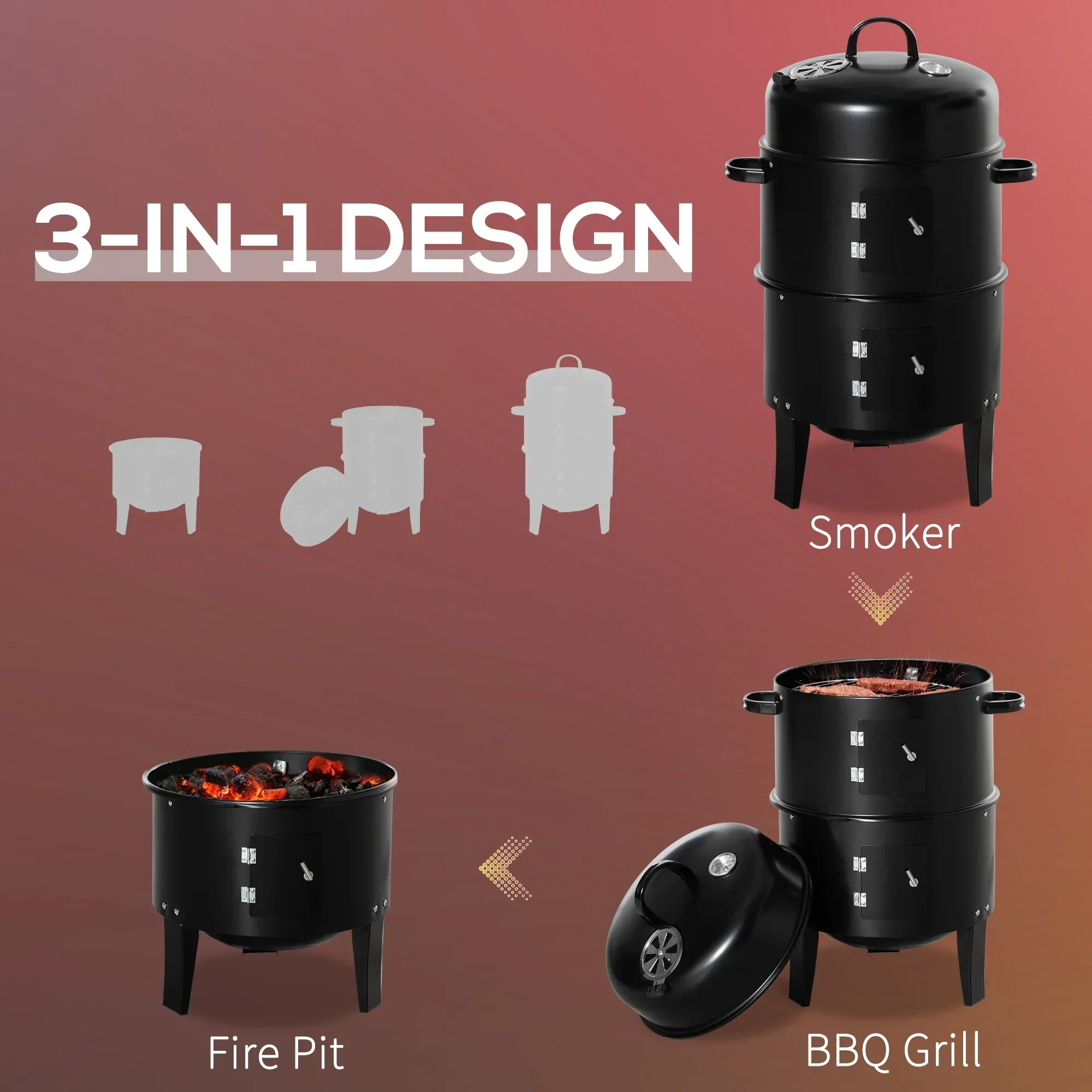 Outsunny 3-in-1 16in Round Charcoal BBQ Smoker Grill With 2 Cooking Areas And Thermometer - Black - Image 3 Outsunny 3-in-1 16in Round Charcoal BBQ Smoker Grill With 2 Cooking Areas And Thermometer - Black - Image 3