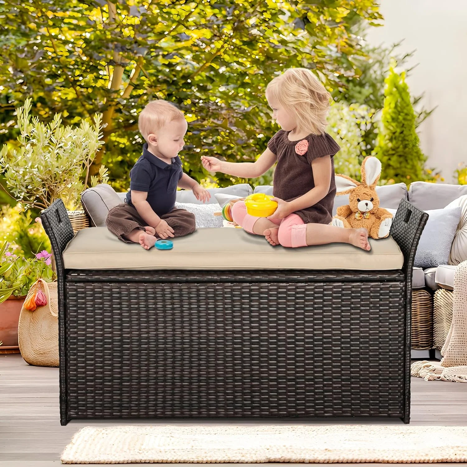 SOLAURA 90 Gallon Patio Wicker Storage Bench w/Cushion, Outdoor Rattan Deck Storage Box w/Handles & Hydraulics, Gray - Image 11