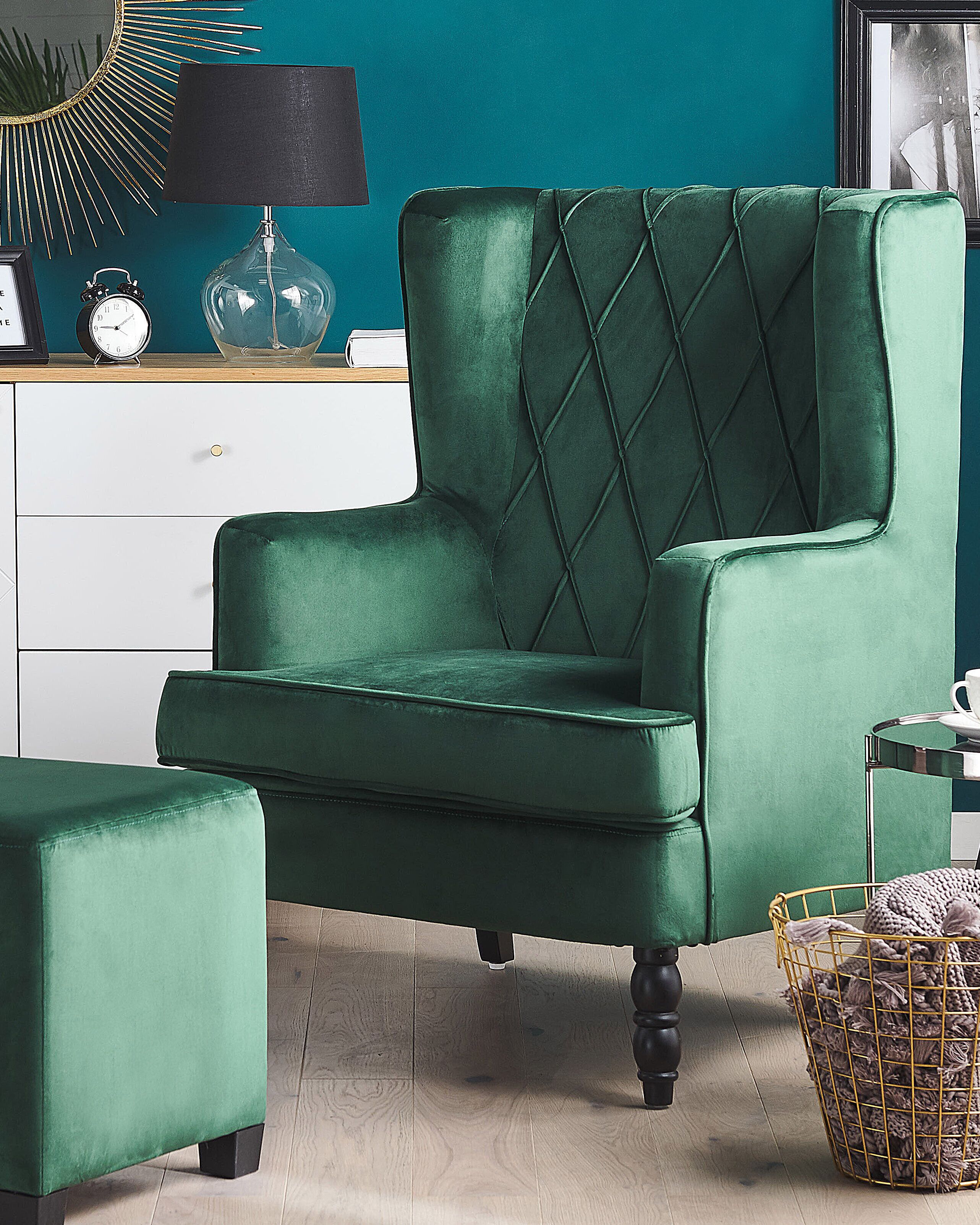 Armchair SANDSET with Footstool Velvet Dark Green