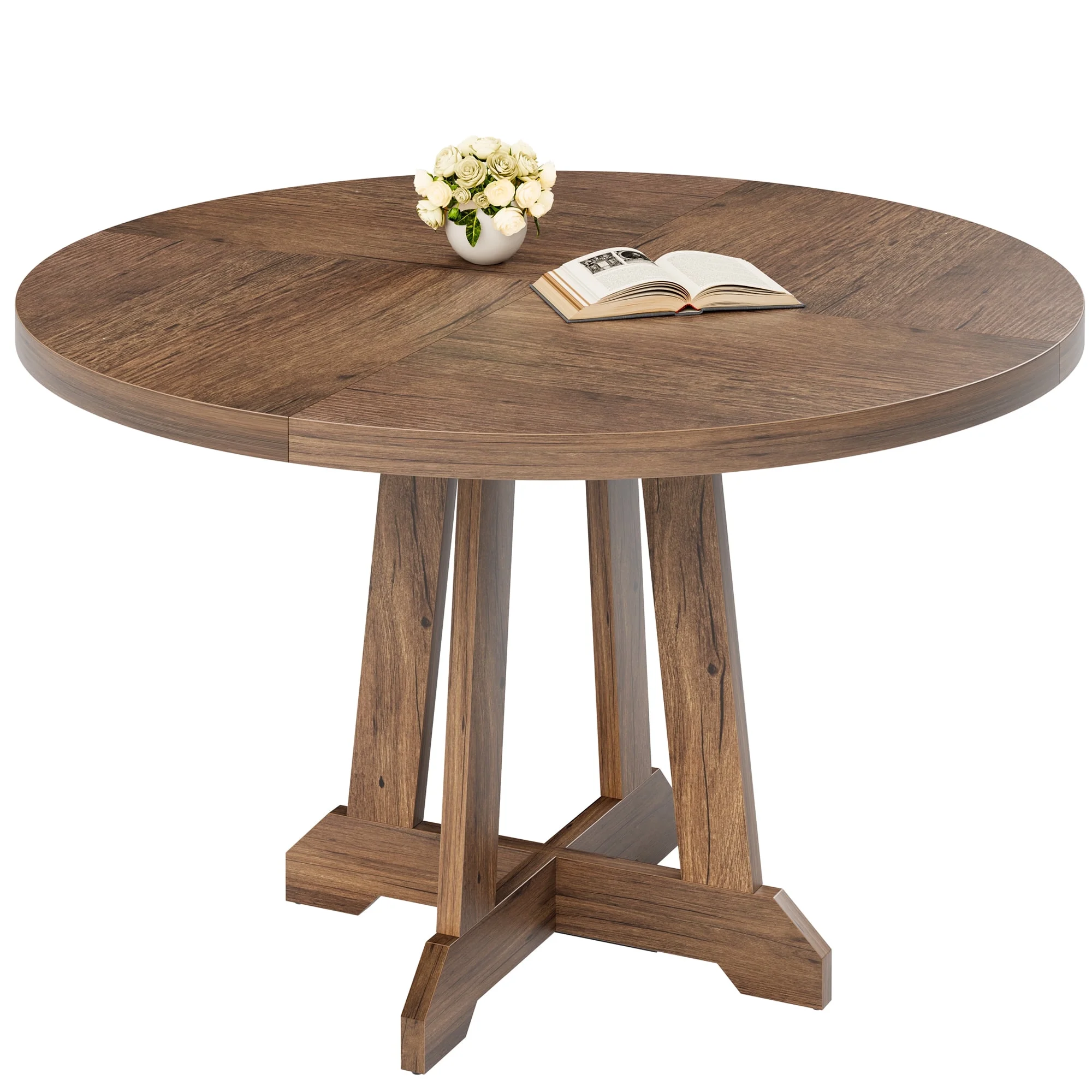 47-Inch Round Wooden Dining Table, Farmhouse Style for 4-6 People with Adjustable Legs, Sturdy Wood Top, and Rustic Design for Dining Room and Living Room (Brown)