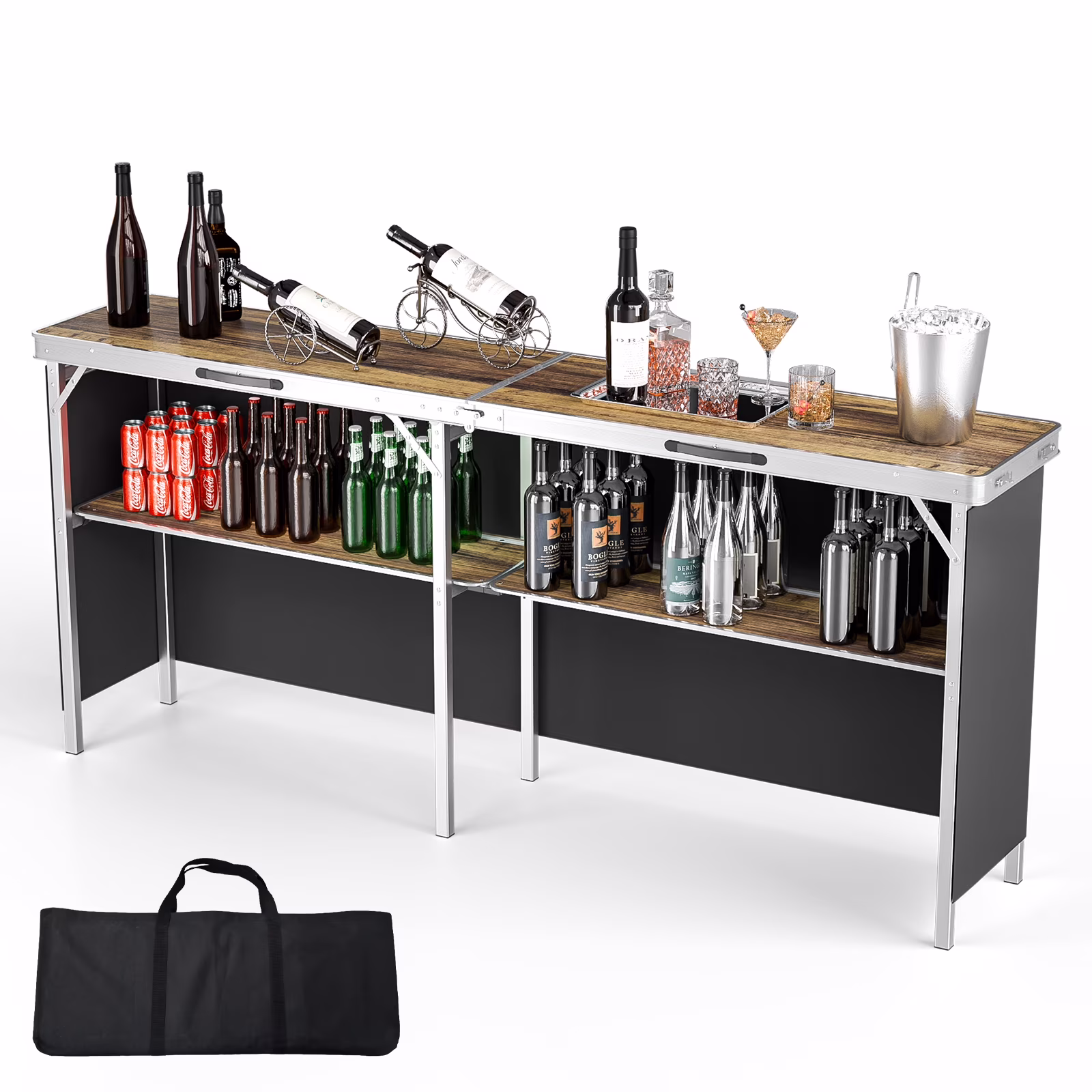 Ktaxon 78" Foldable Bar Table, Mobile Bar with 3-Tier Shelves & Carry Bag - Perfect for Events, Parties, Camping, Picnics, Tradeshows, and Both Outdoor/Indoor Use (Comes with Black Skirt, Black) - Image 3