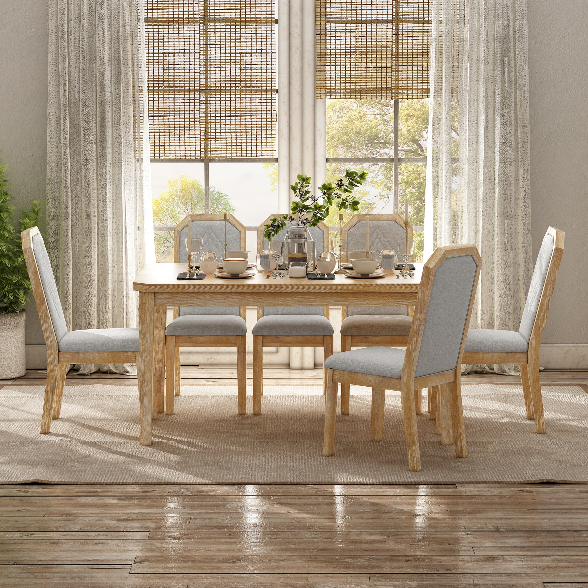 7-Piece Farmhouse Dining Set Classic Rustic Table and 6 high-back design Chairs for Dining Room, Kitchen (Natural Wood Wash)