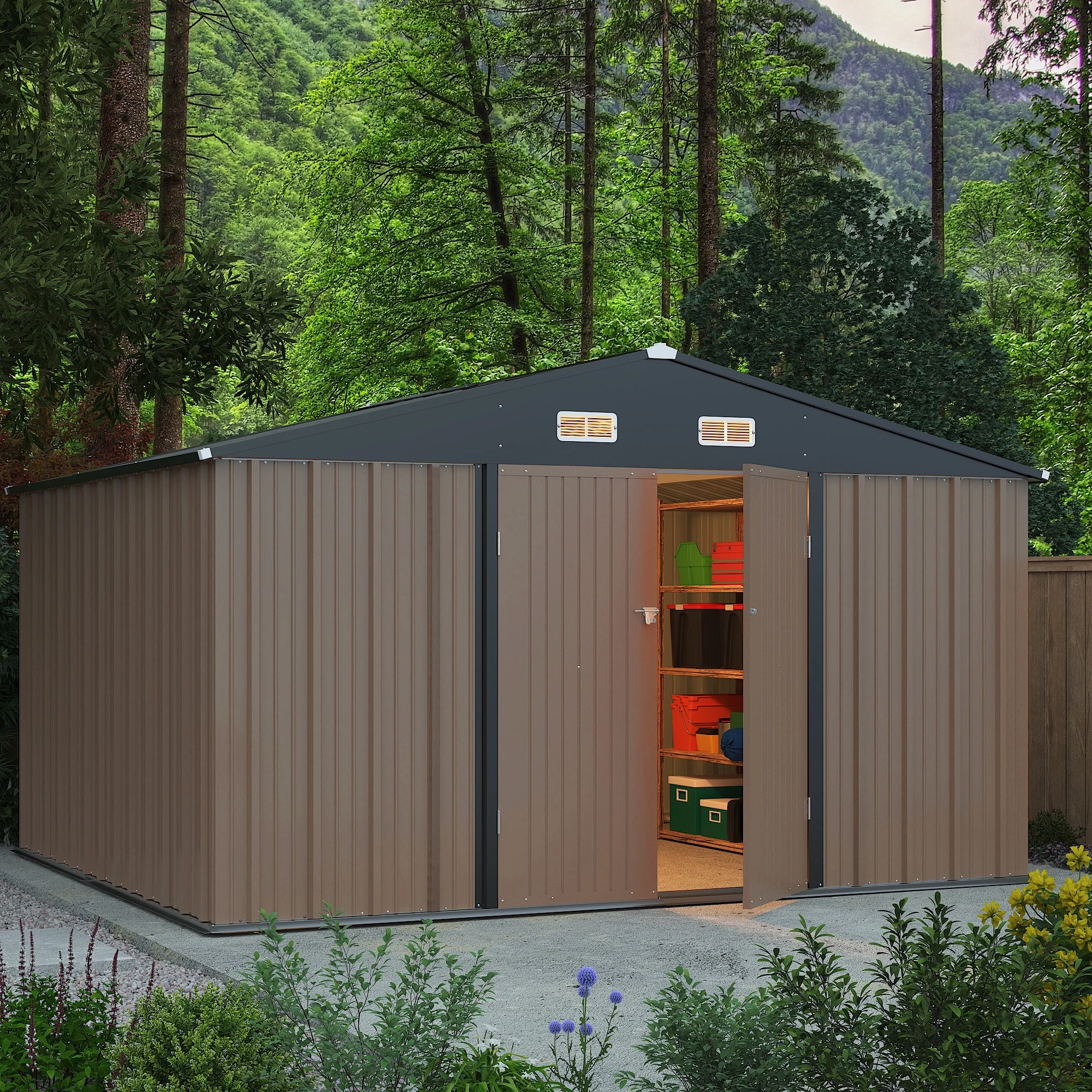 Devoko 10x8 Ft Metal Storage Shed, Lockable Steel Garden Shed for Patio Backyard Outdoor Tools, Brown