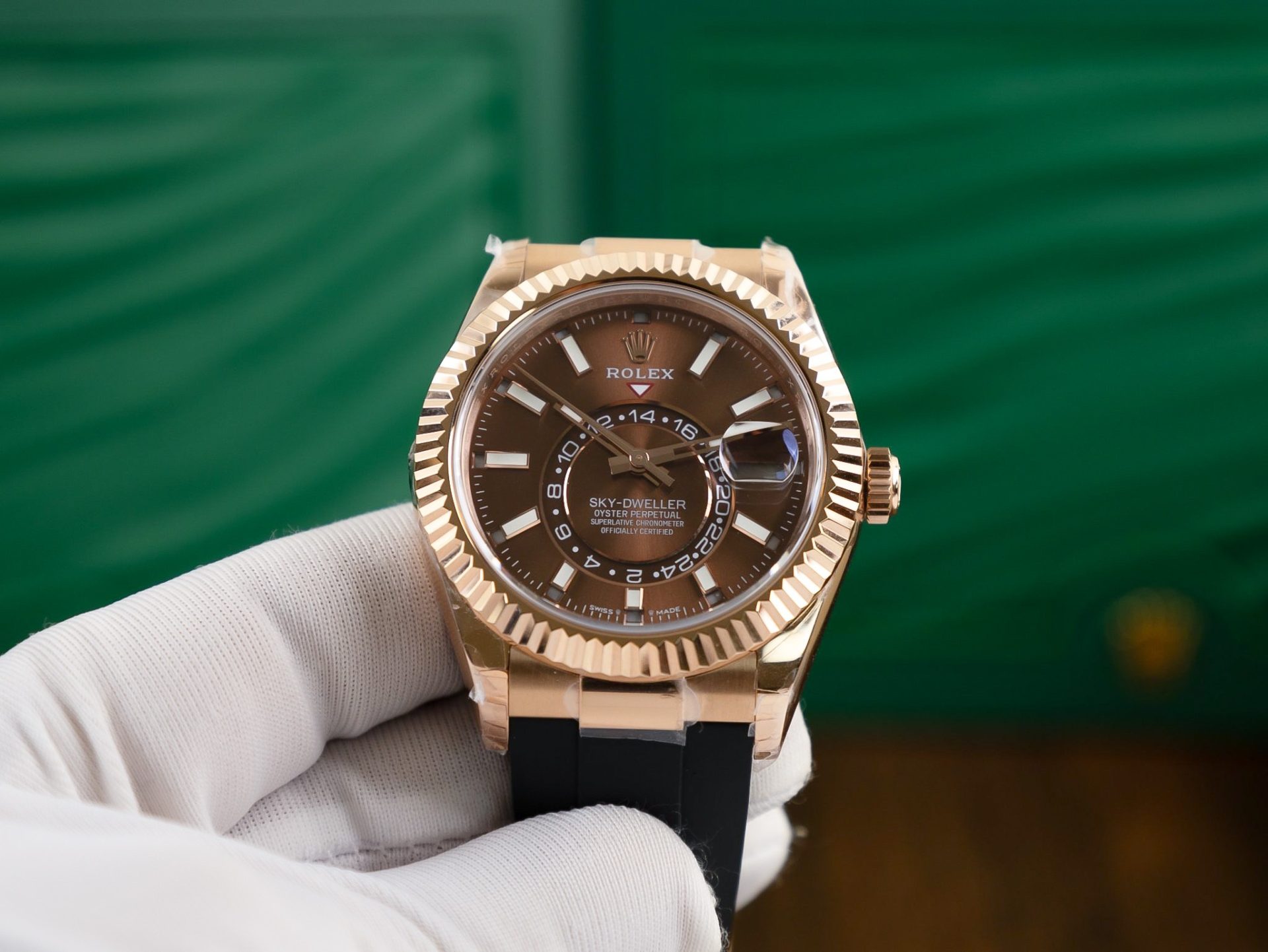 Rolex Replica 1:1 Watch Sky Dweller Chocolate Dial Rubber Strap 42mm - Elite Watch Atelier