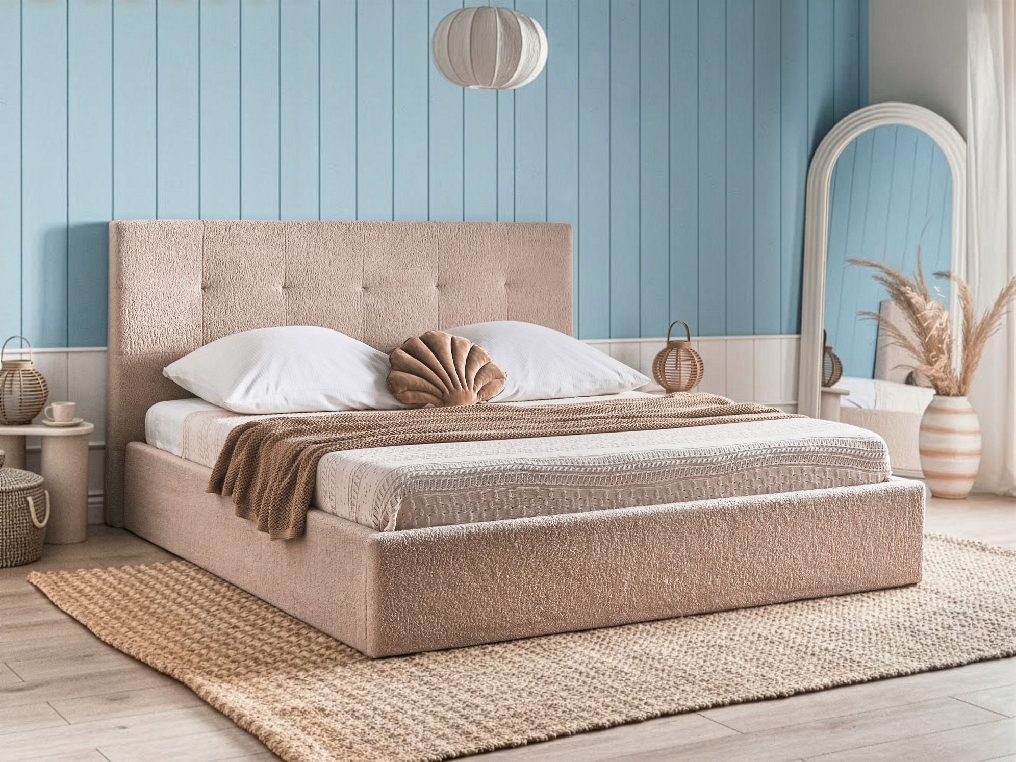 Ottoman Bed Boucle LORIENT 180 x 200 cm (EU Super King) Beige