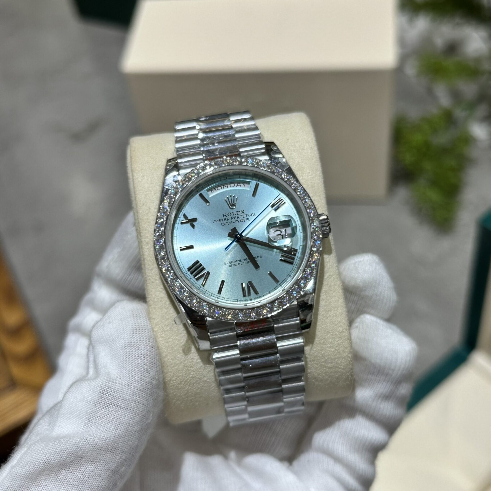Rolex Replica Watch Day-Date 228236 Moissanite Green Dial 168gram GM V3 40mm - Elite Watch Atelier