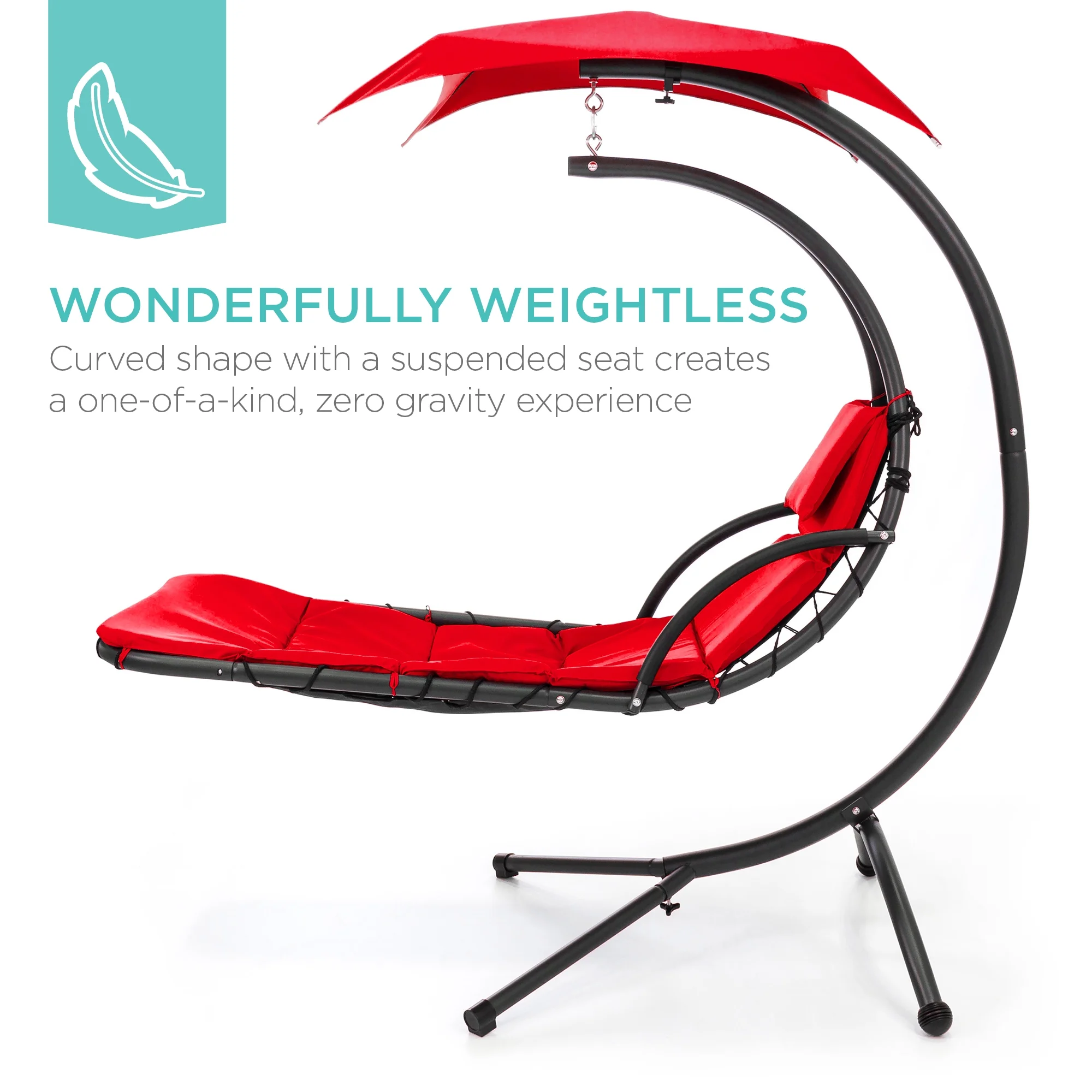 Best Choice Products Hanging Curved Chaise Lounge Chair Swing for Backyard, Patio w/ Pillow, Shade, Stand - Teal - Image 121
