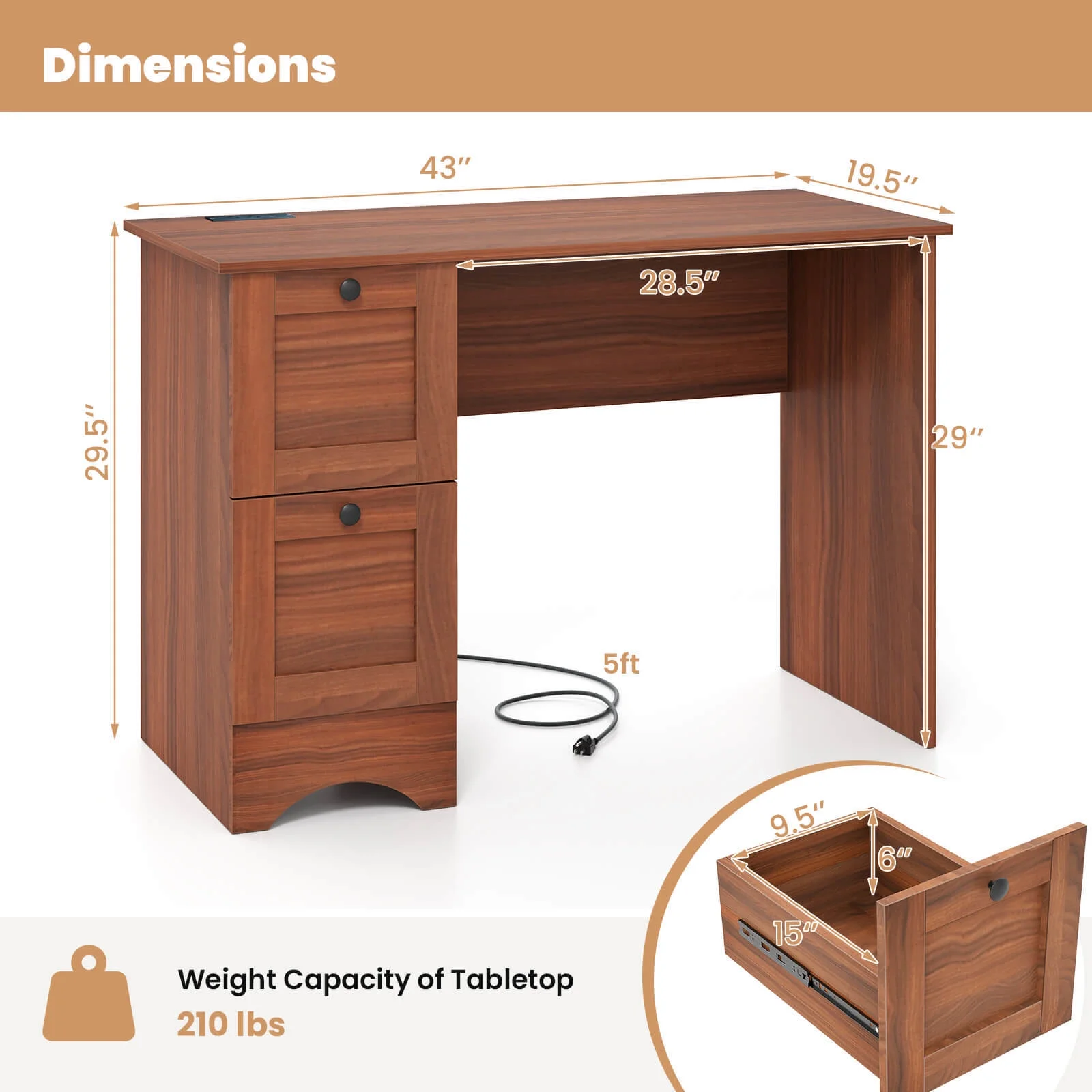 BHUIK Vintage Computer Desk with Charging Station, 43