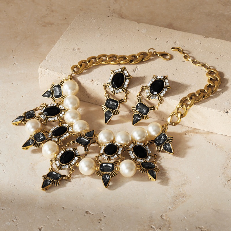 Faux-Pearl/Smoky Crystal Necklace & Earring Set - MIDNIGHT VELVET CATALOG