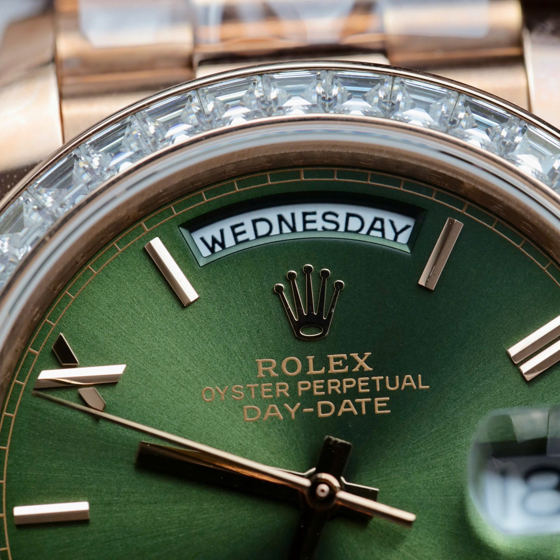 Rolex Day-Date Geen Dial Copies Watches Gold Wrapped + Diamonds Moissanite Baguette 40mm - Elite Watch Atelier