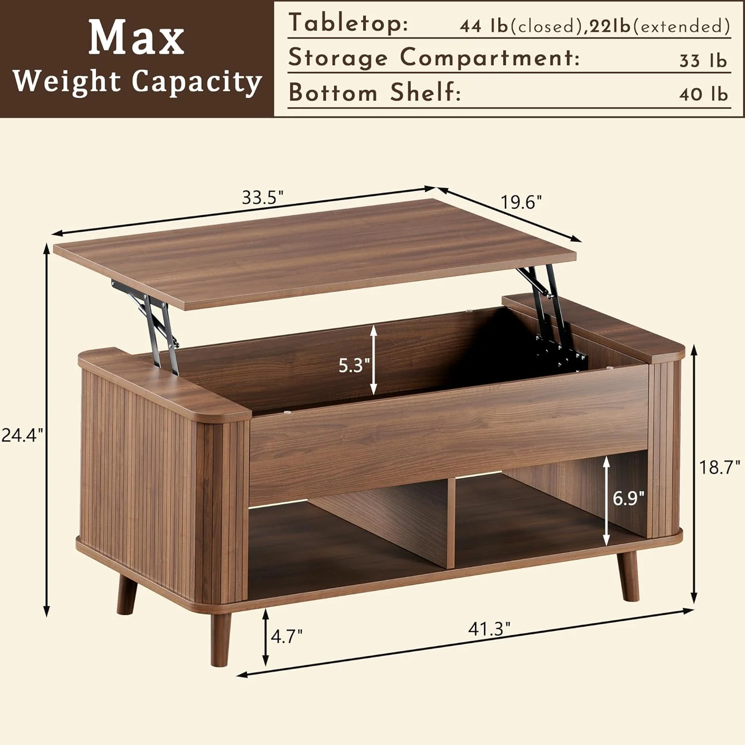 Fixwal 41" Lift Top Coffee Table with Storage, Walnut Mid Century Modern Coffee Table with Fluted Design - Image 4 Fixwal 41" Lift Top Coffee Table with Storage, Walnut Mid Century Modern Coffee Table with Fluted Design - Image 4