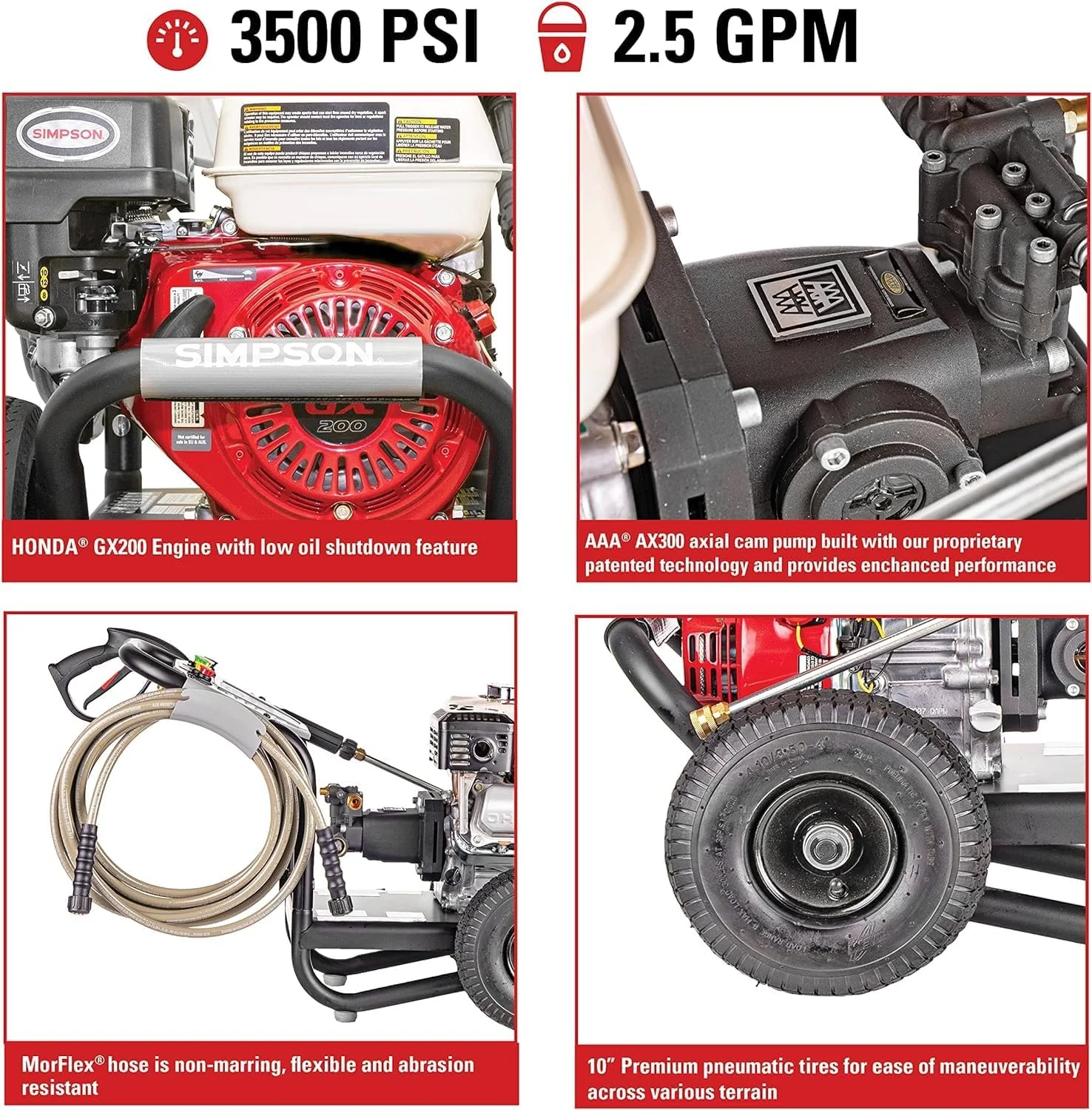 Simpson Gas Pressure Washer 3500 PSI 2.5 GPM With Honda GX200 Engine - PS61002-S - Image 2 Simpson Gas Pressure Washer 3500 PSI 2.5 GPM With Honda GX200 Engine - PS61002-S - Image 2