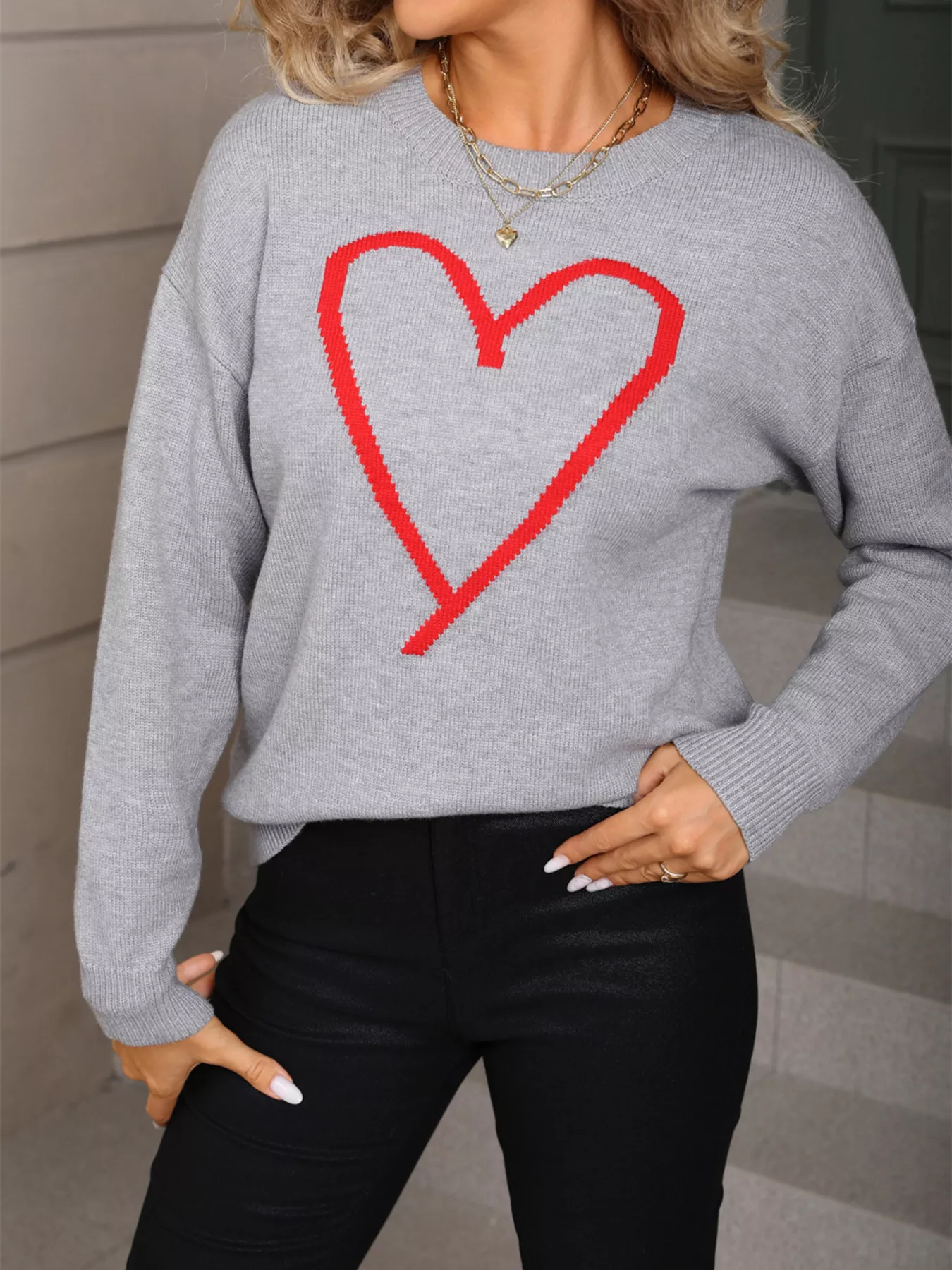 Valentine's Day Heart Graphic Dropped Shoulder Sweater - ZKZOOK