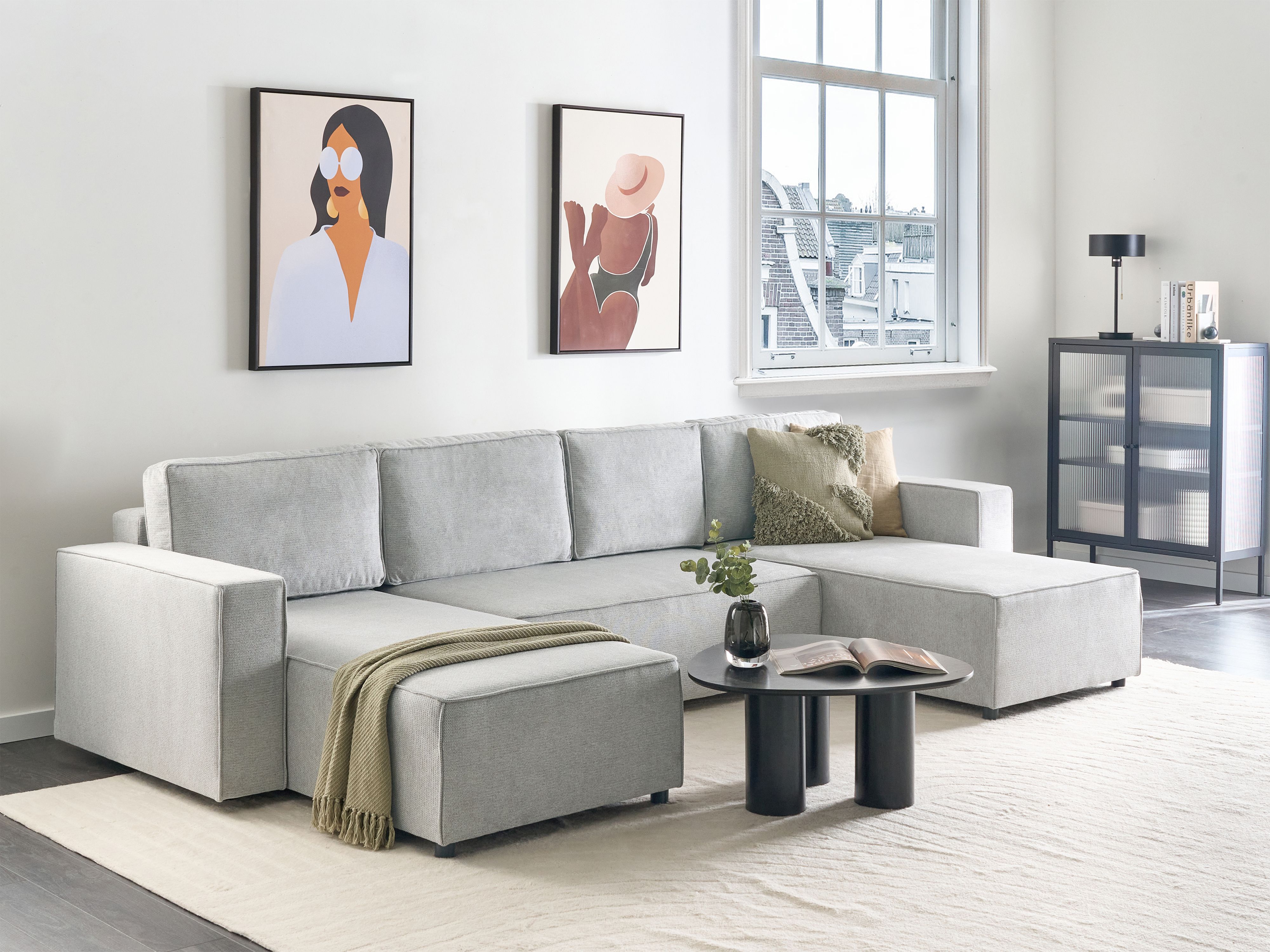 U-Shape Sofa Bed 4 Seater VATNE Fabric Light Grey with Storage