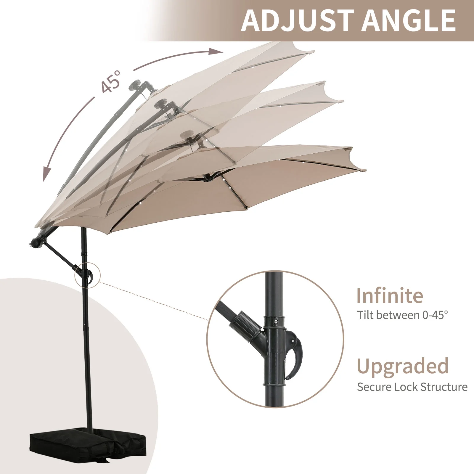 Ainfox 10ft Cantilever Patio Umbrella with Lights, Offset Market Umbrella with Sandbags Weighted Base and Cross Base,Khaki - Image 8