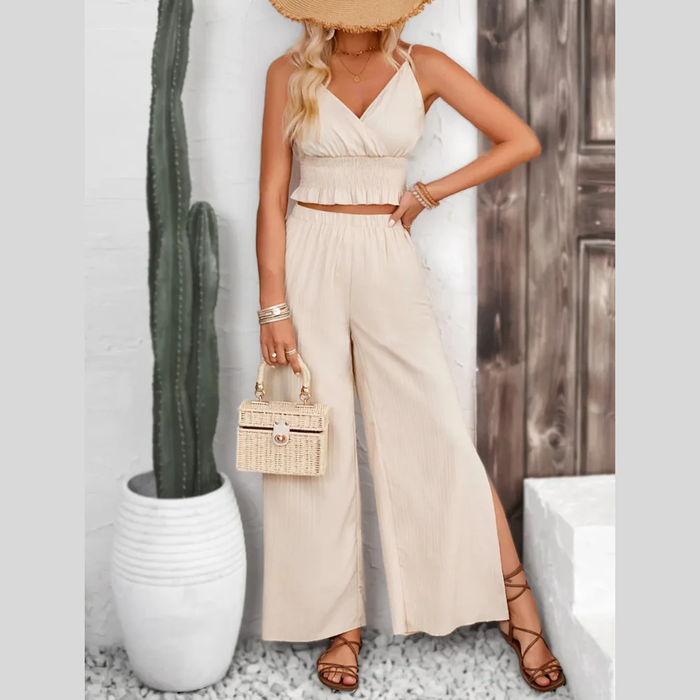 Smocked Surplice Cami and Wide Leg Pants Set - ZKZOOK
