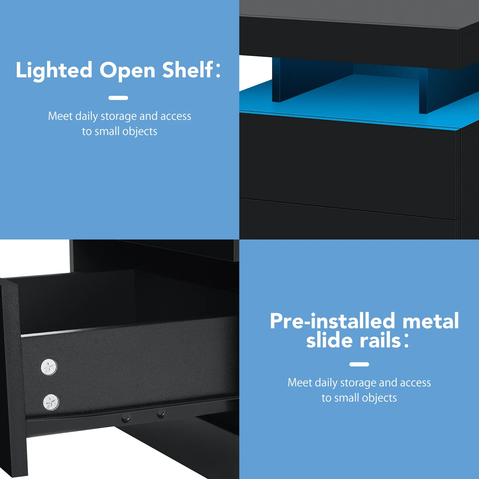 Hommpa LED Nightstand Wireless Charging Station USB Type C Outlets Bedside Table 3 Drawers Black Night Table Modern Smart Nightstand High Gloss End Side Table for Bedroom Furniture 26.8" Tall - Image 10