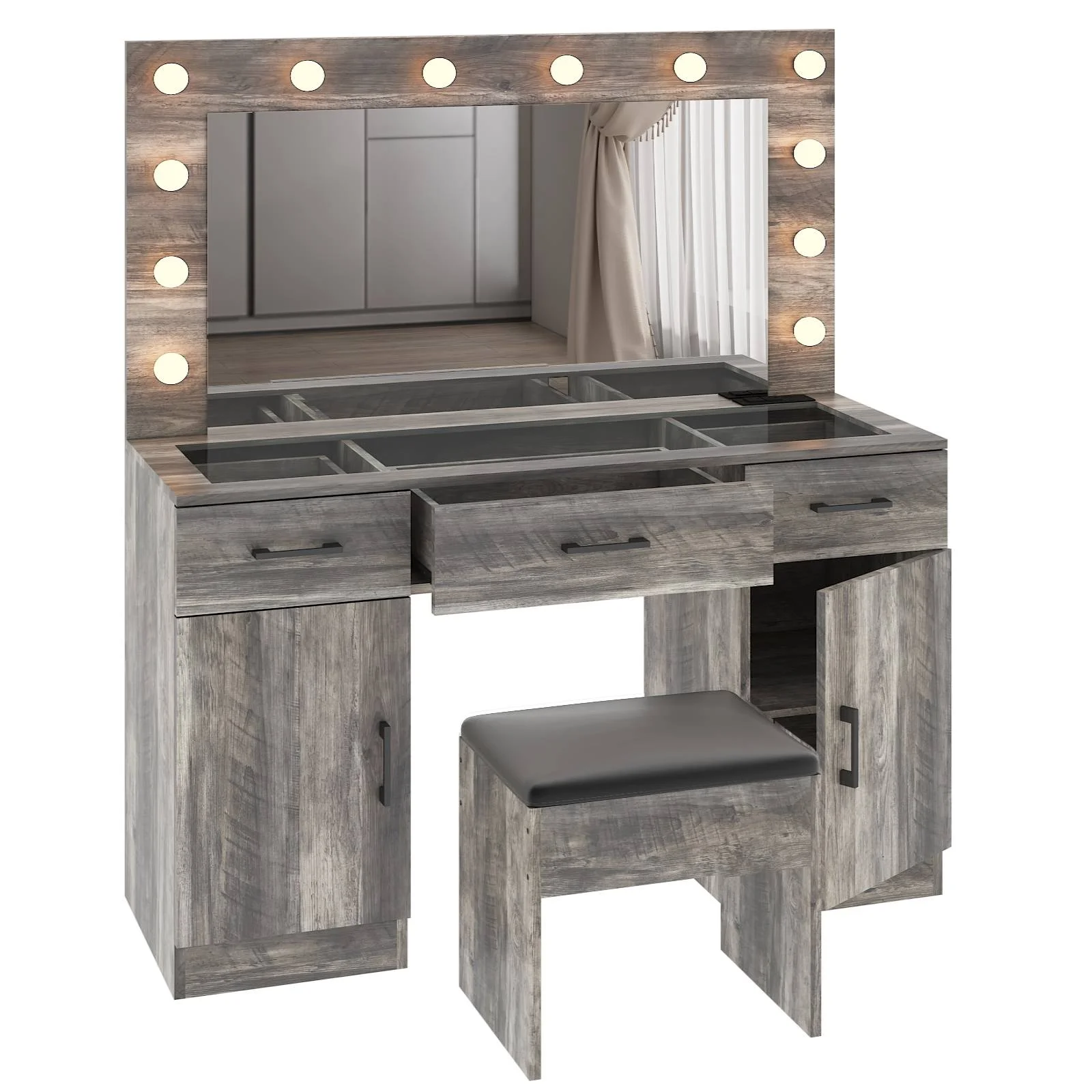 Ktaxon Large Makeup Vanity, Vanity Table Set w/ Visible Glass Top w/ Charging Station, White - Image 37