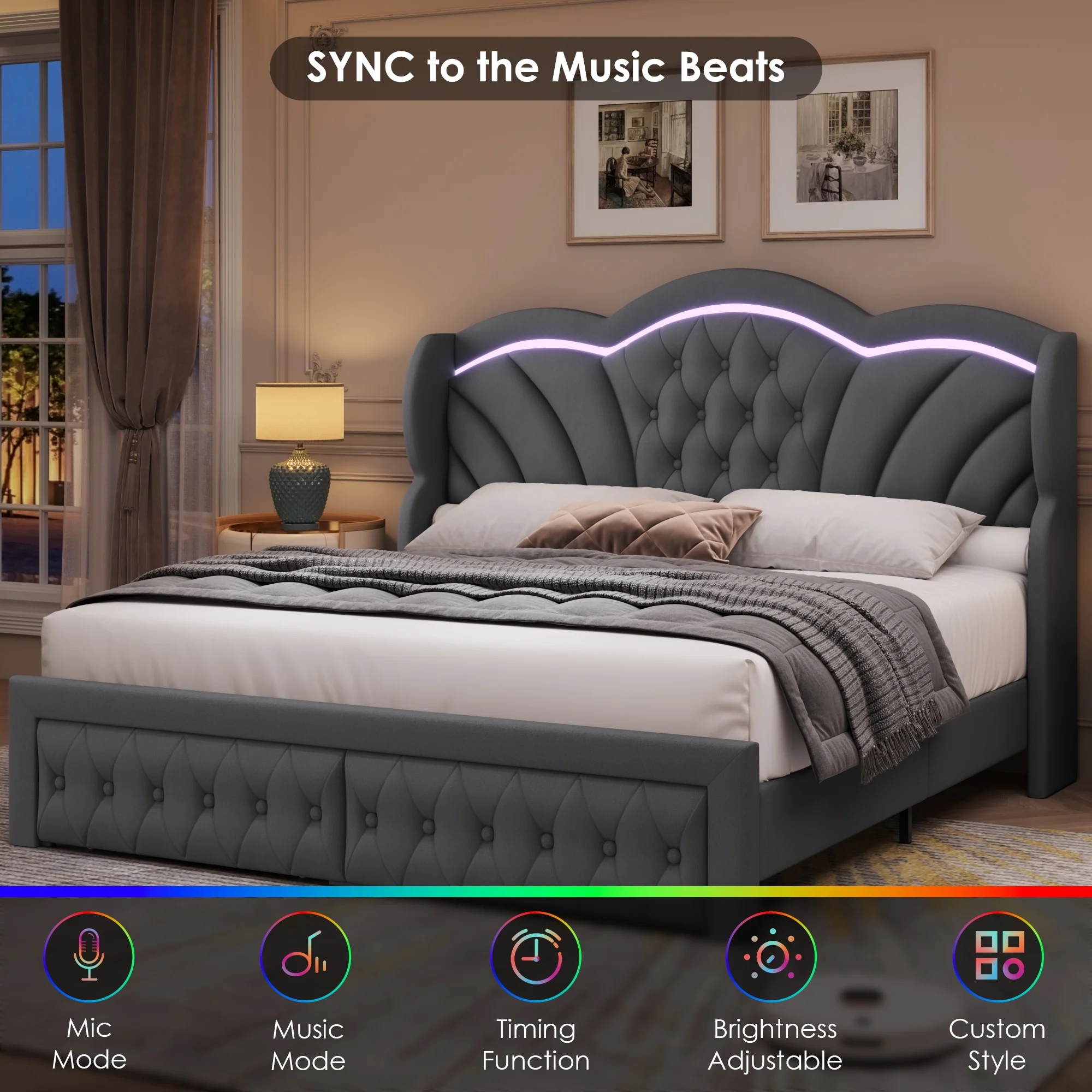 Hiphuta Modern Queen Bed Frame with 2 Drawers, LED Lights Platform Bed Frame, Sturdy Beds Frame with Upholstered Button Tufted Headboard, Velvet White - Image 13
