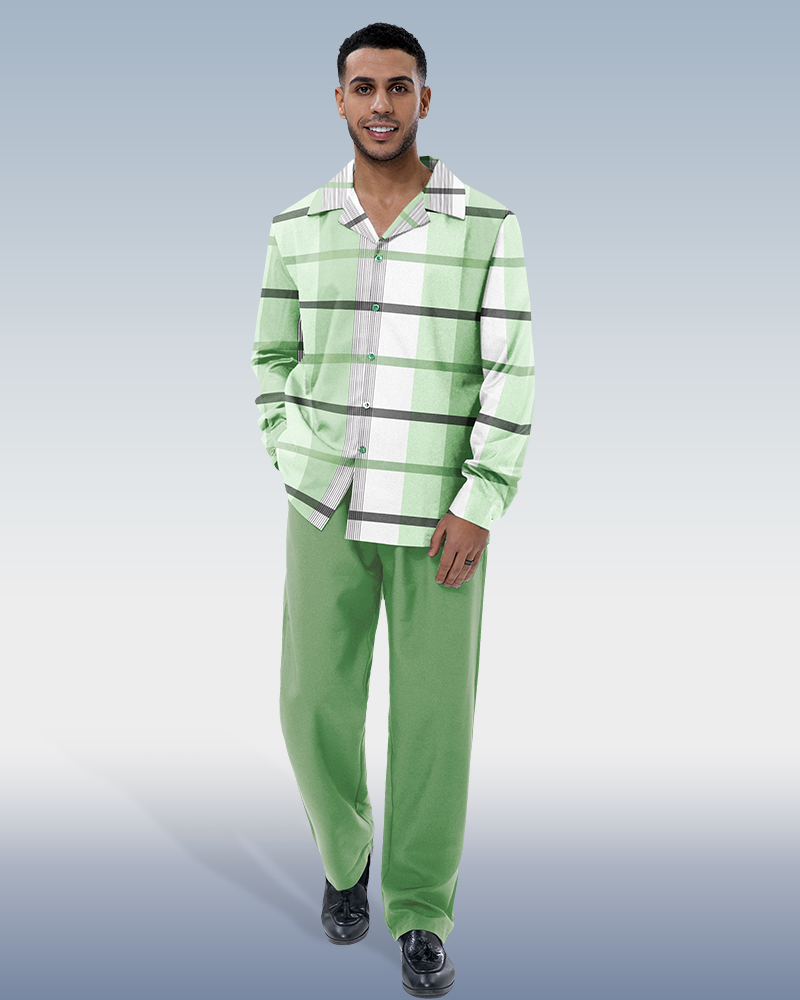 Green Stripe Print Long Sleeve Walking Suit