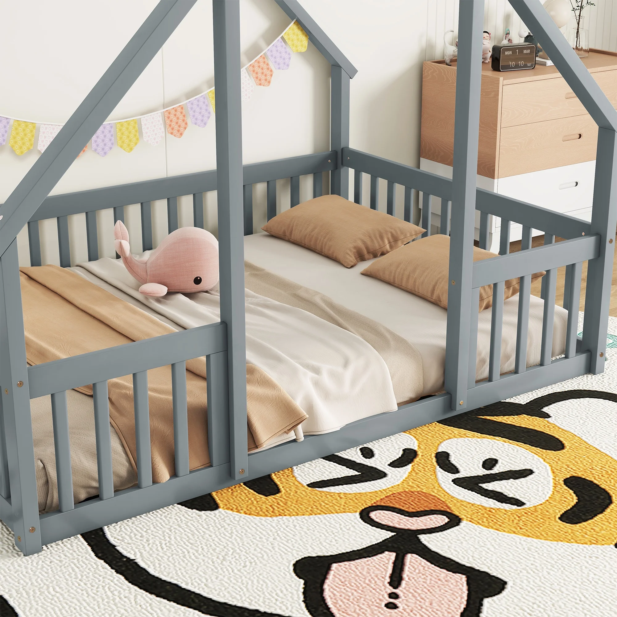 Bellemave Twin Size Floor Bed Frame, Wooden House Bed Twin Size with Fence, Montessori Bed with Guardrails for Bedroom (White) - Image 27