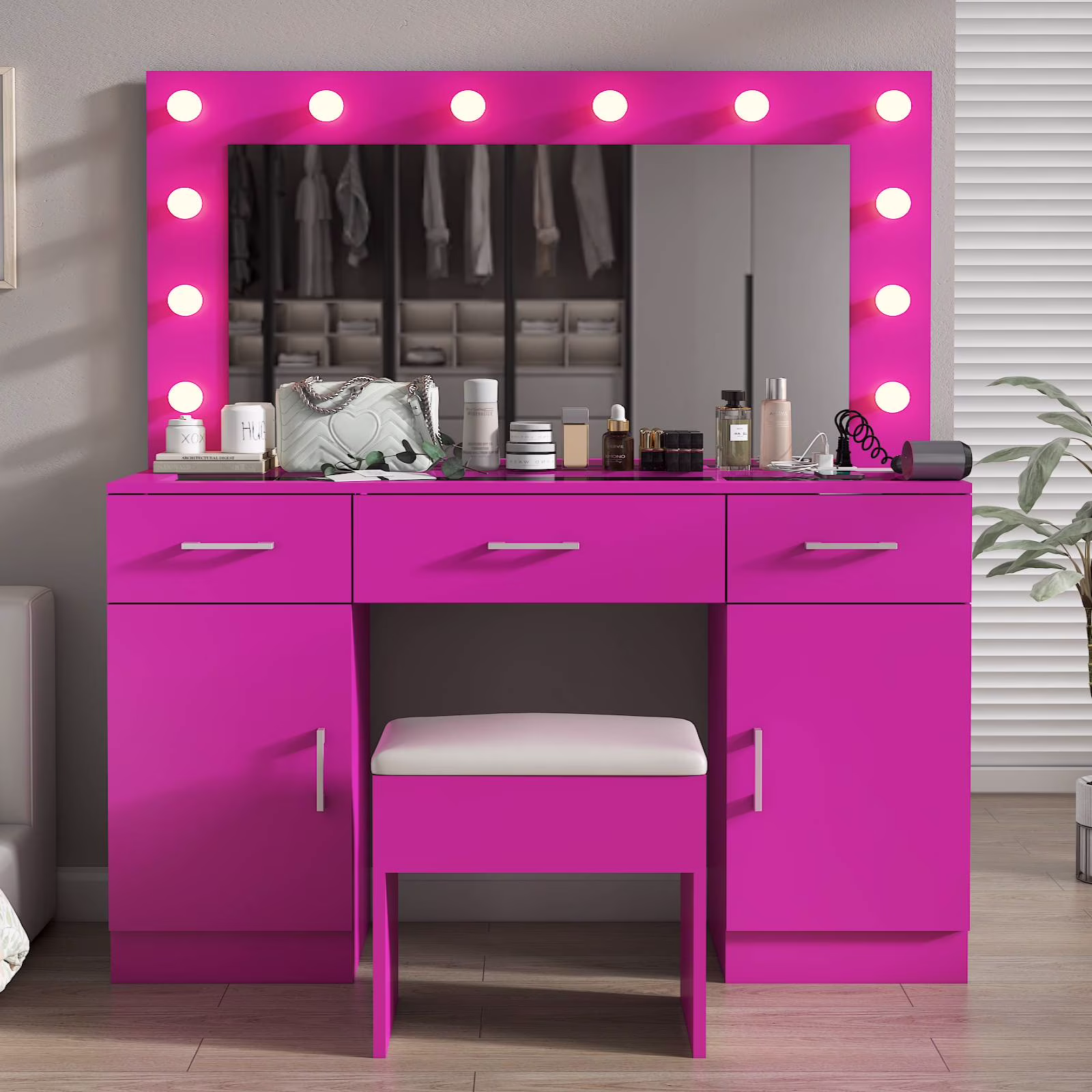Ktaxon Large Makeup Vanity, Vanity Table Set w/ Visible Glass Top w/ Charging Station, White - Image 20
