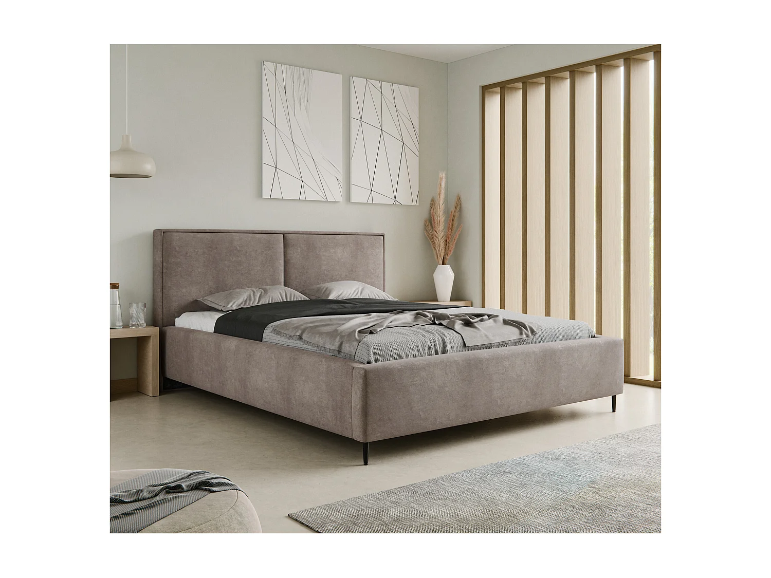 Lit rembourré ZEN 180x200 Marron Velours avec coffre et sommier métallique Sans Matelas