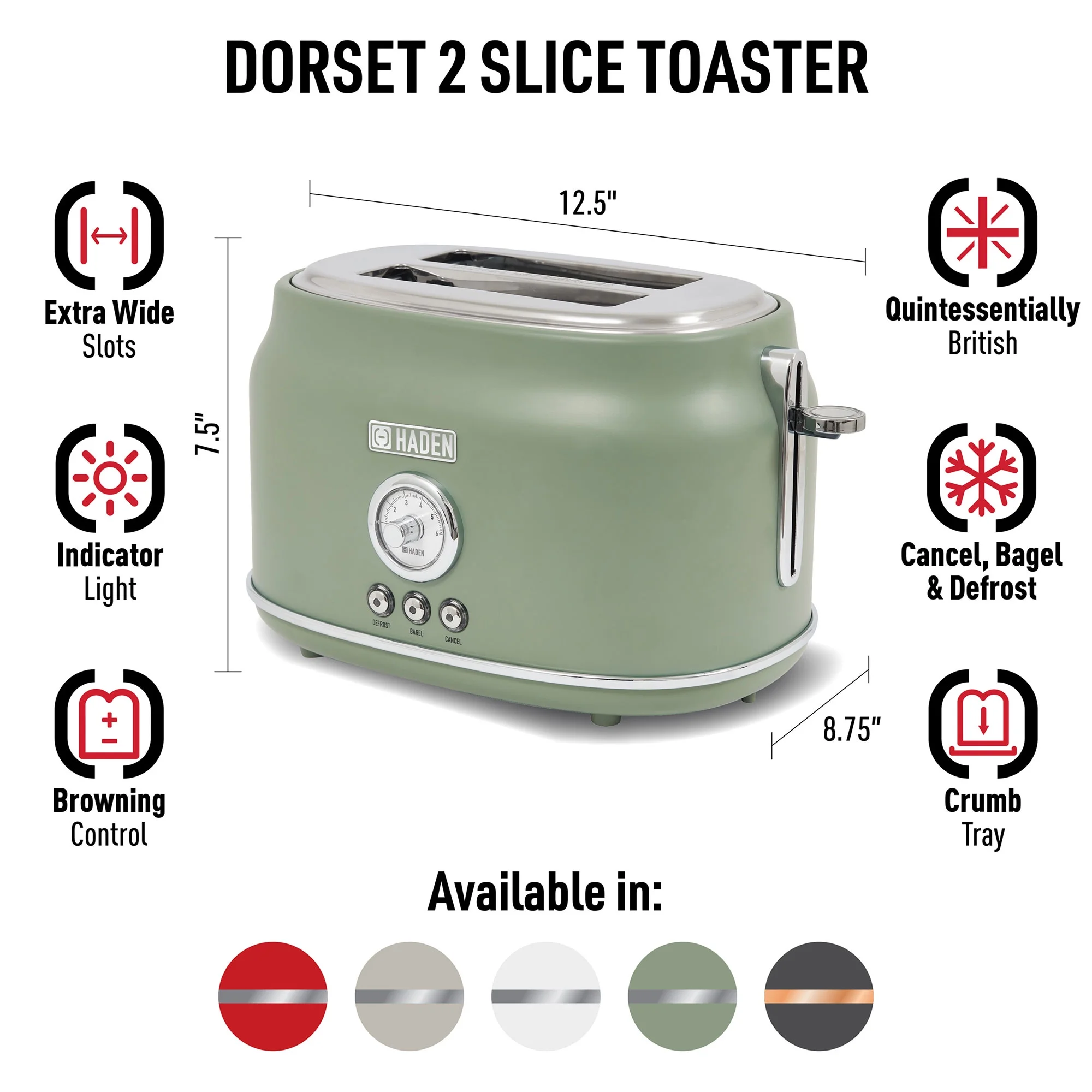 Haden Dorset 2 Slice Wide Slot Stainless Steel Toaster, Cedar Green/Chrome