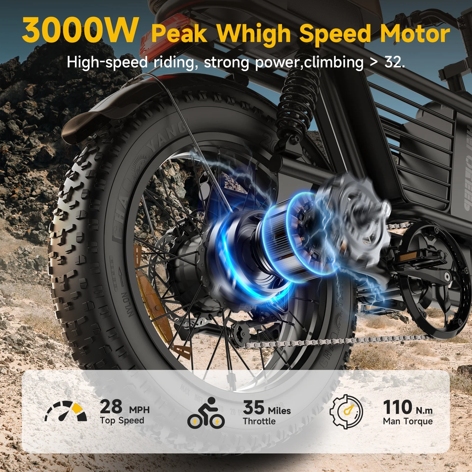 1500W Peak Electric Bike for Adults, 20" Fat Tire E-Bike, 48V 15Ah Battery, 7-Speed E-Mountain Bike with Storage Rack, UL2849 - Image 10