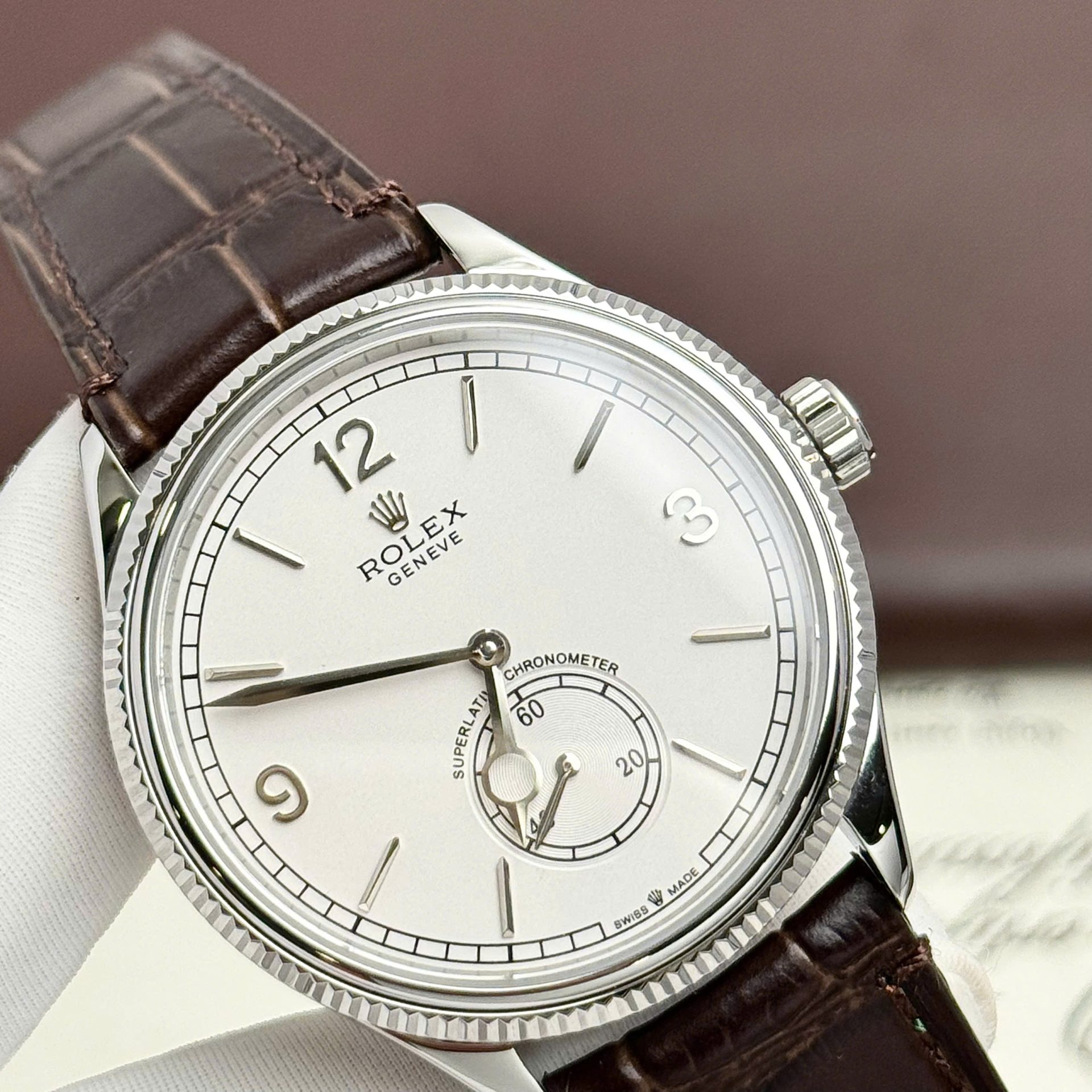 Rolex Perpetual 1908 Fake Watch White Dial Leather Strap 39mm - Elite Watch Atelier