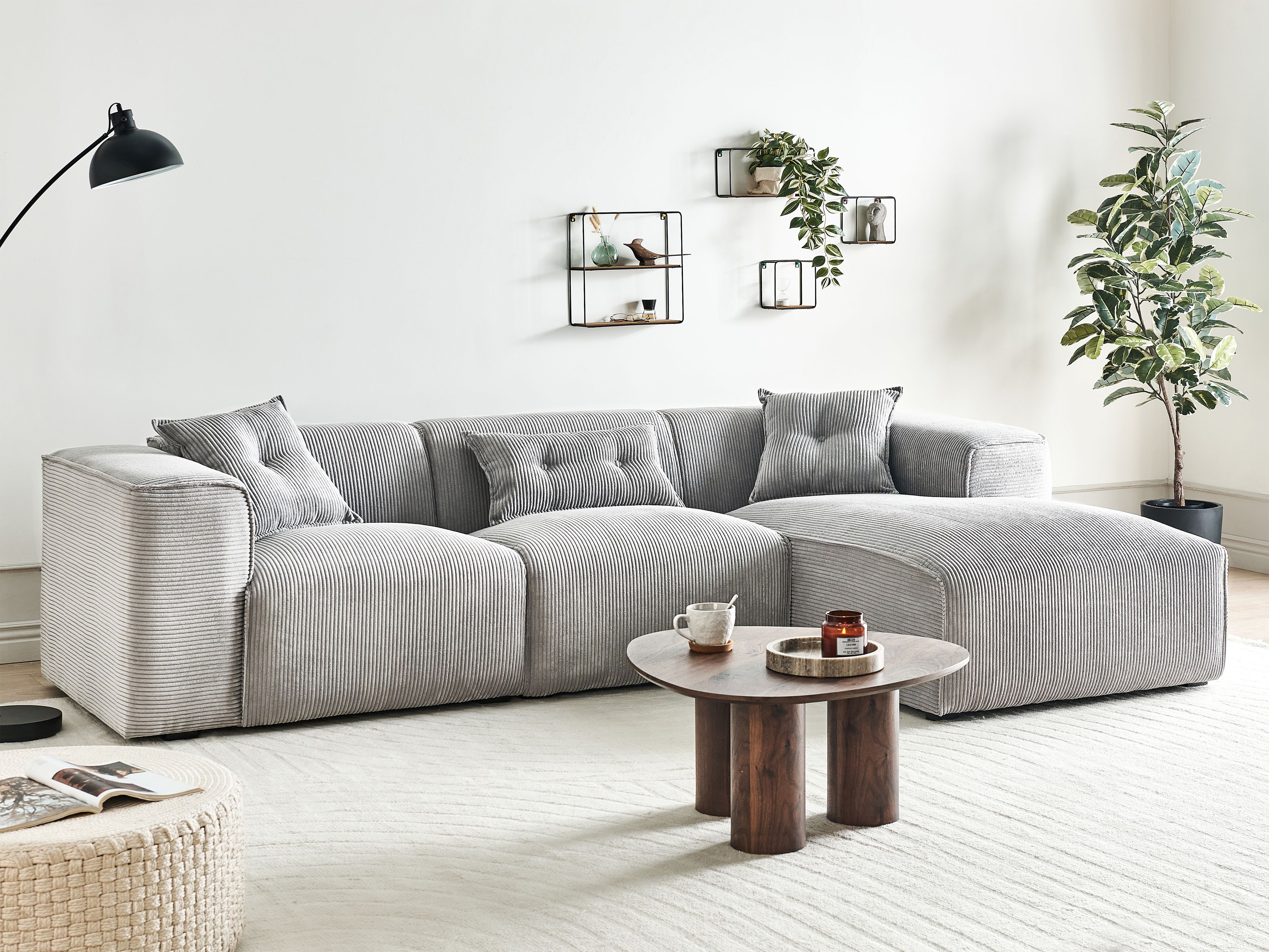 Corner Sofa 3 Seater DOLVA Corduroy Light Grey Left Hand