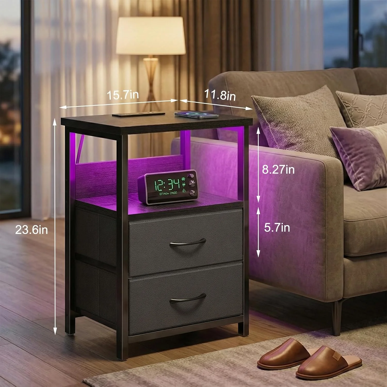 Black Nightstand Set of 2 with Charging Station, RGB LED & 2 Fabric Drawers - Image 5 Black Nightstand Set of 2 with Charging Station, RGB LED & 2 Fabric Drawers - Image 5