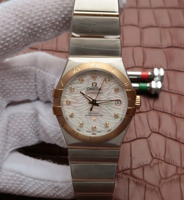 Replica Omega V6 Constellation 35mm SS White Dial Diamonds Markers RG Bezel A2500 - Elite Watch Atelier