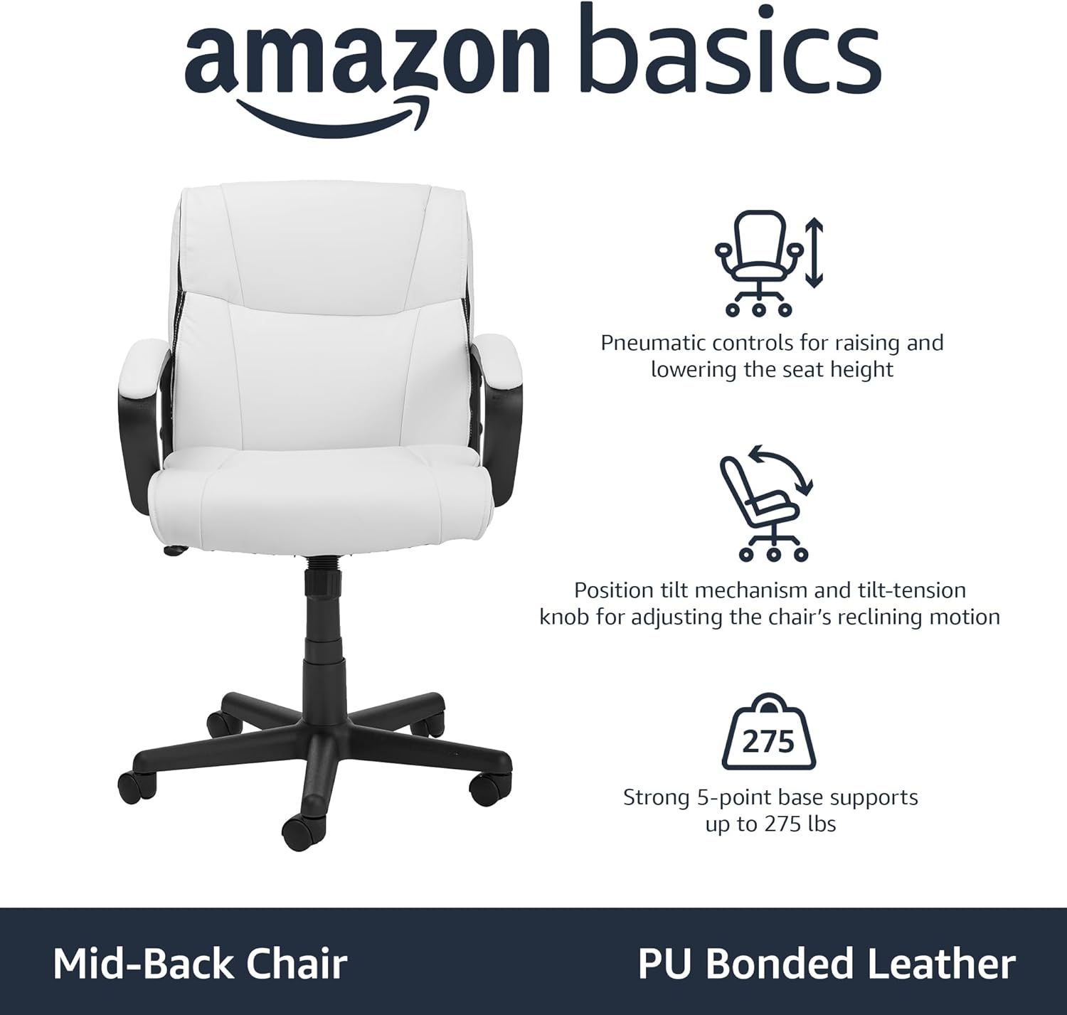 Amazon Basics Office Task Chair with Adjustable Height, 360° Swivel, Padded Armrests, Mid-Back, 275 Pound Capacity, BIFMA Certified, 24.2
