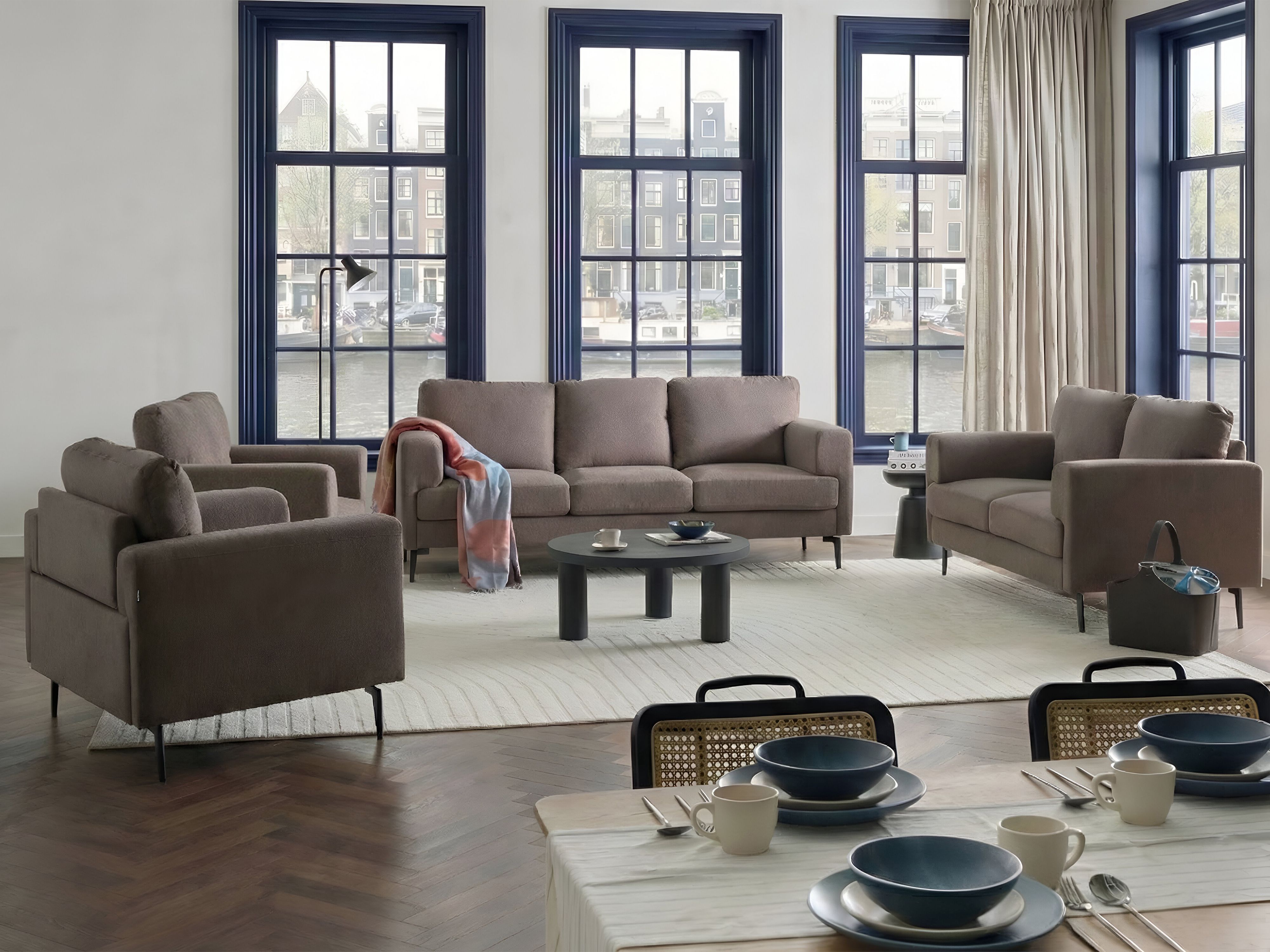 Living Room Set 7 Seater LOUSTO Fabric Brown