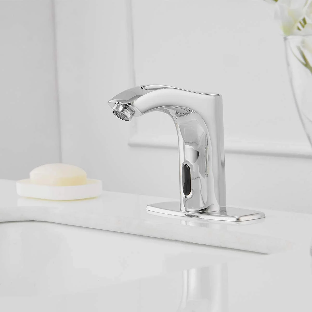 BWE Automatic Sensor Commercial Touchless Bathroom Sink Faucet Chrome with Hole Cover Deck Plate Motion Activated Hands Free with Pop Up Drain with Overflow Lead Free Hot and Cold Mixer
