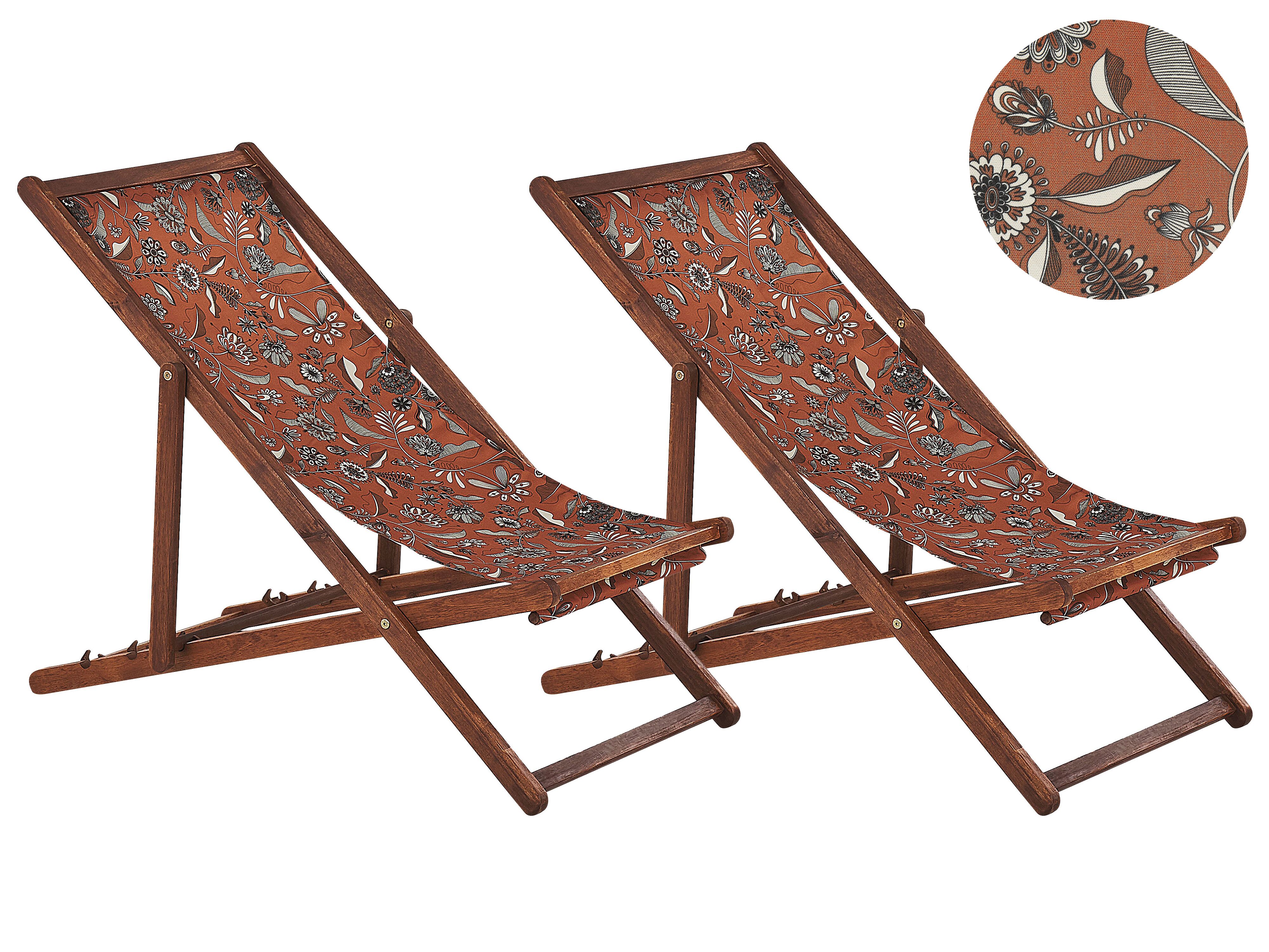 Set of 2 Folding Deck Chairs ANZIO with Replacement Fabrics Floral Motif Acacia Wood Dark Brown