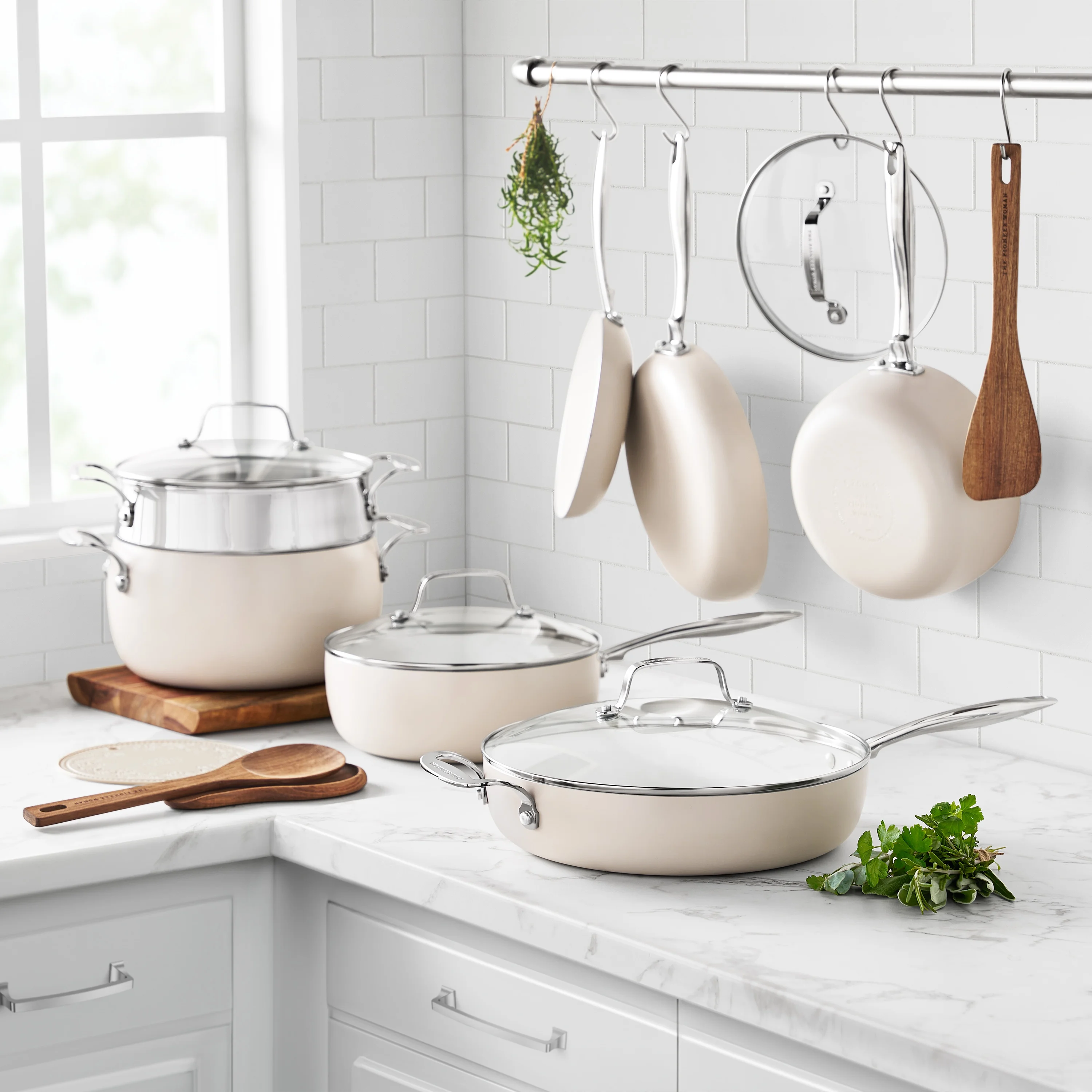 The Pioneer Woman Harlow 15-Piece Cookware Set, Ceramic Non-Stick Pots and Pans Set, Taupe