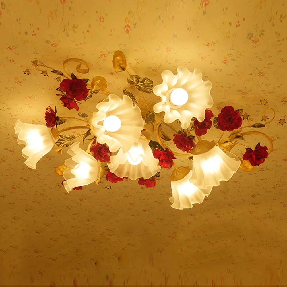 Lakiq Vintage Style Flower Glass Semi Flush Mount Ceiling Light Red Rose Decor Metal Ceiling Lamp for Living Room,7-light