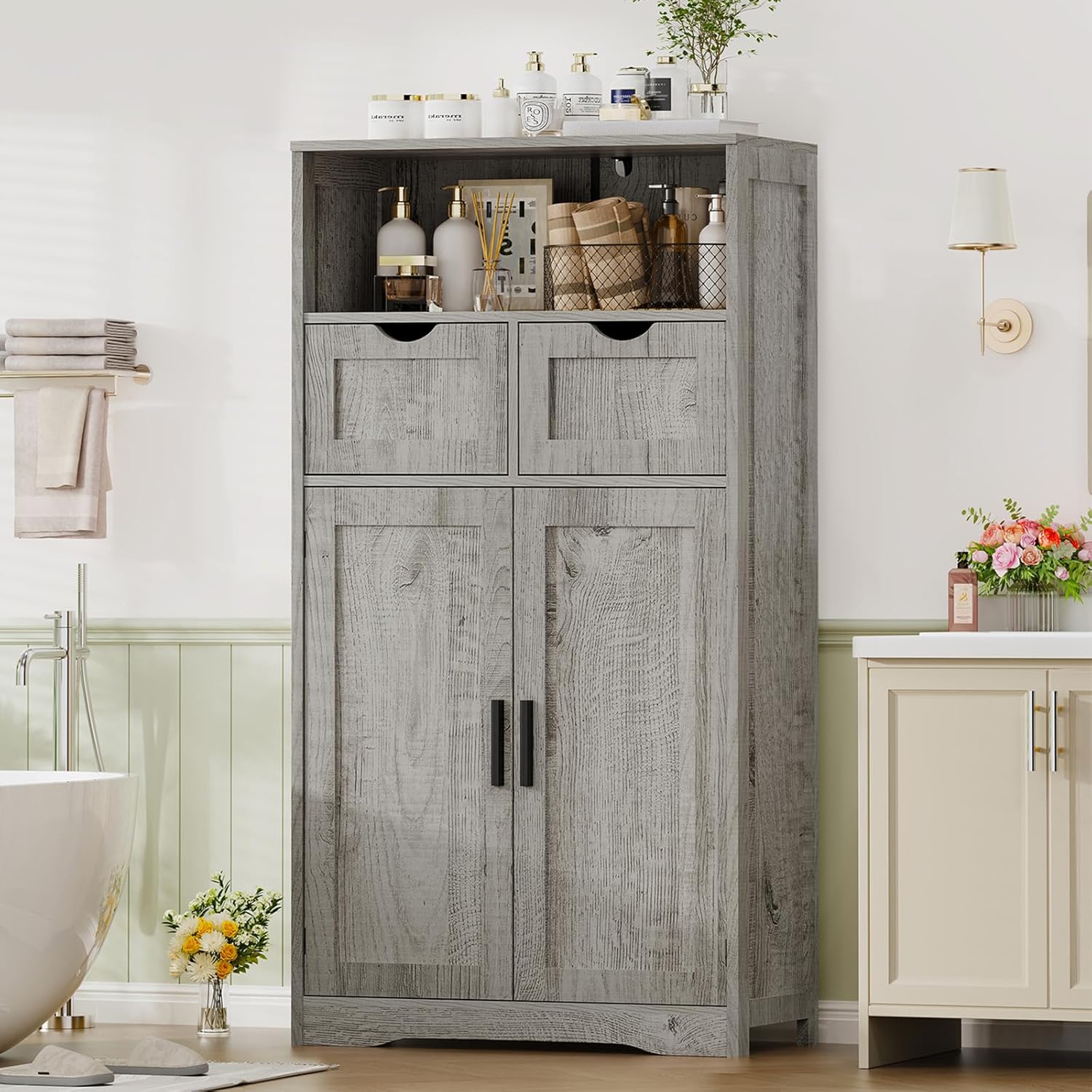 Iwell Storage Cabinet with 2 Drawers & 2 Adjustable Shelves, Kitchen Cabinet, Cupboard, for Living Room, Kitchen, Entryway, Home Office, Grey