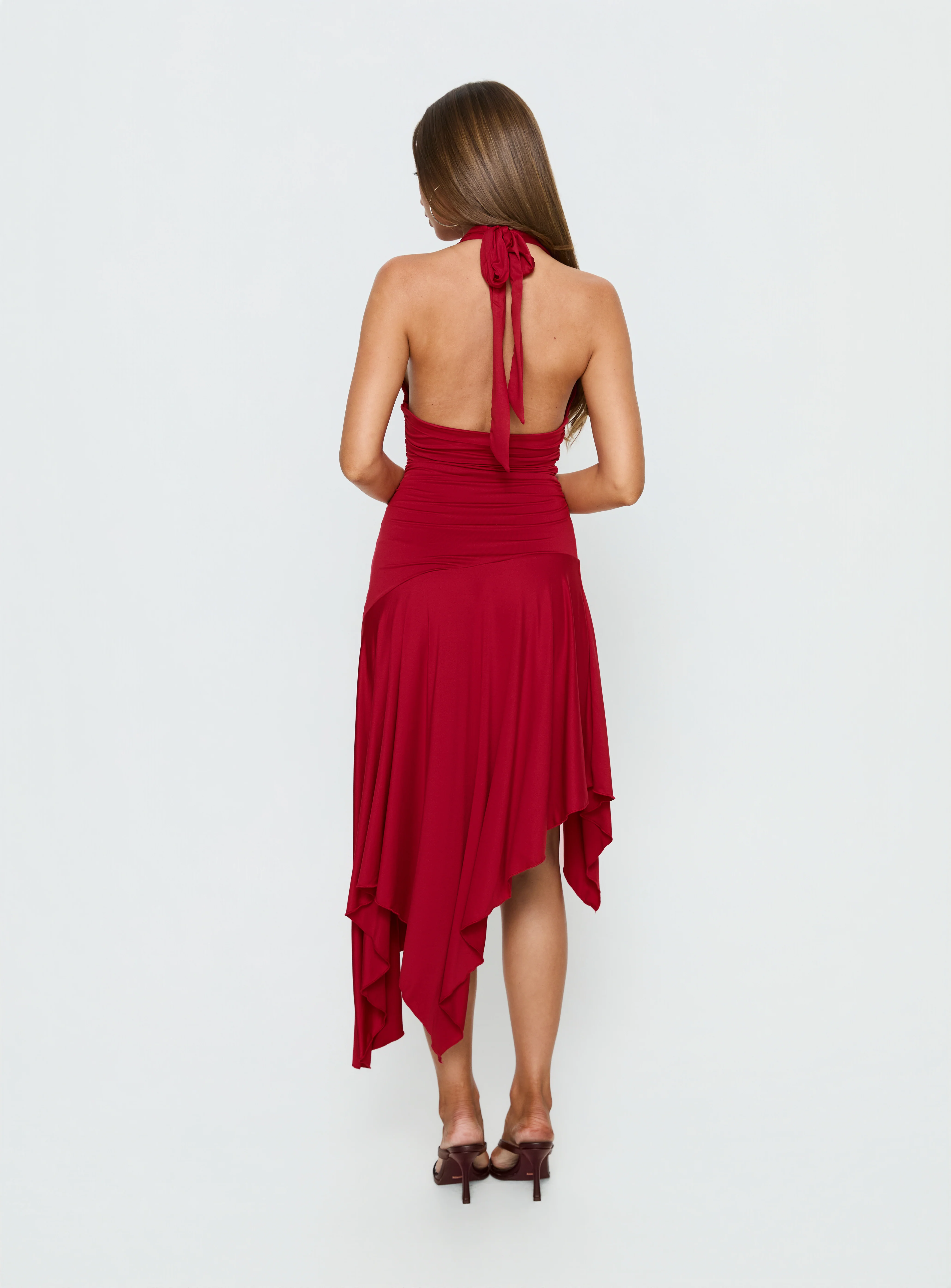 Princess Polly Emara Halter Asymmetrical Midi Dress Red